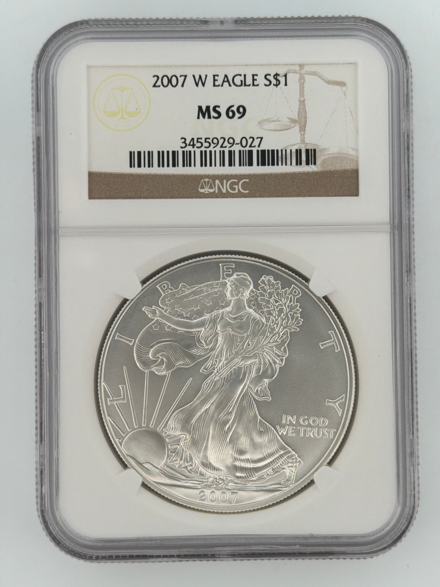 2007-W American Silver Eagle NGC MS 69 obverse in slab — Walking Liberty design, certification label visible