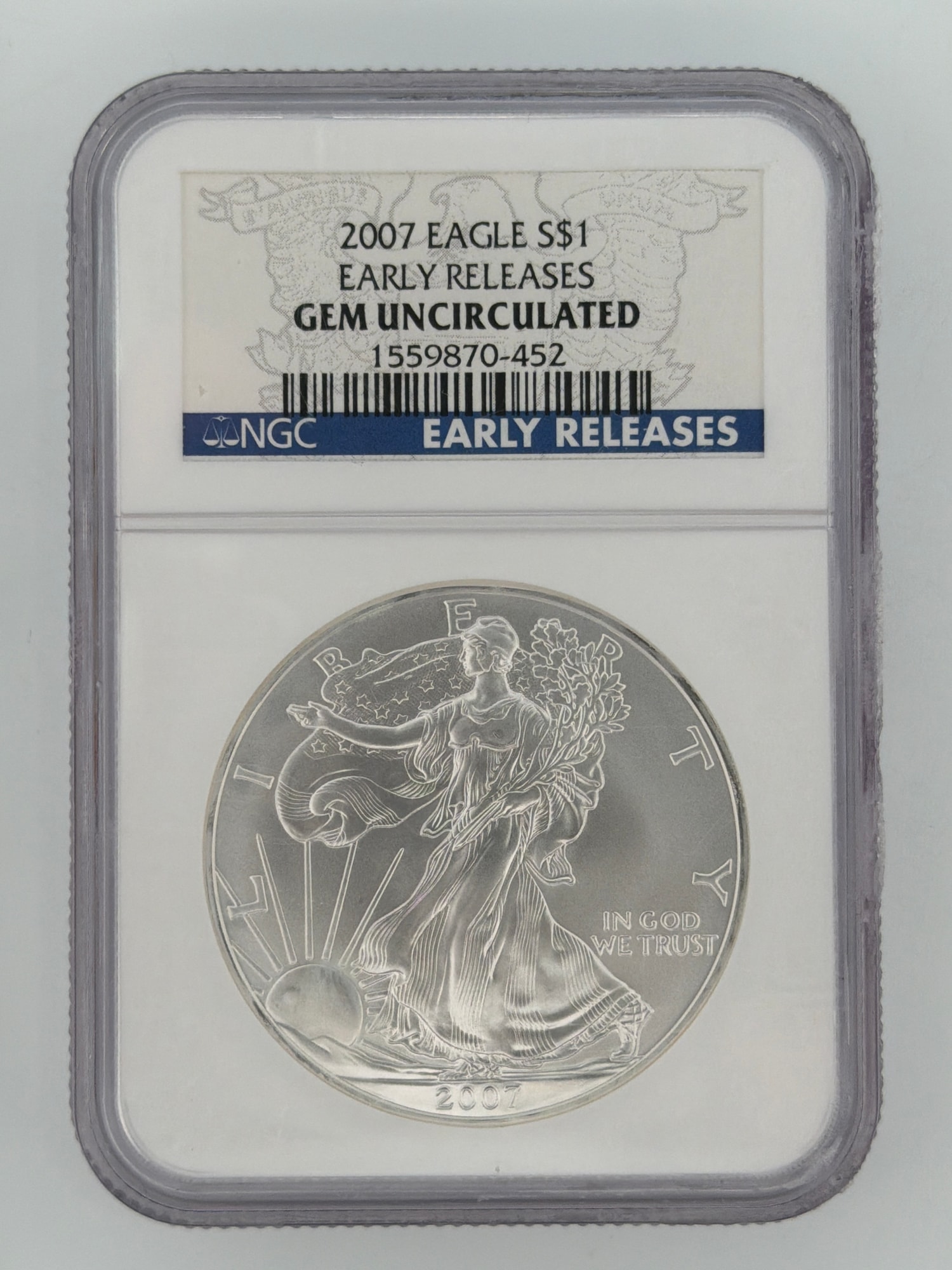 2007 American Silver Eagle NGC Gem Uncirculated Early Releases slab obverse showing Walking Liberty design and NGC label