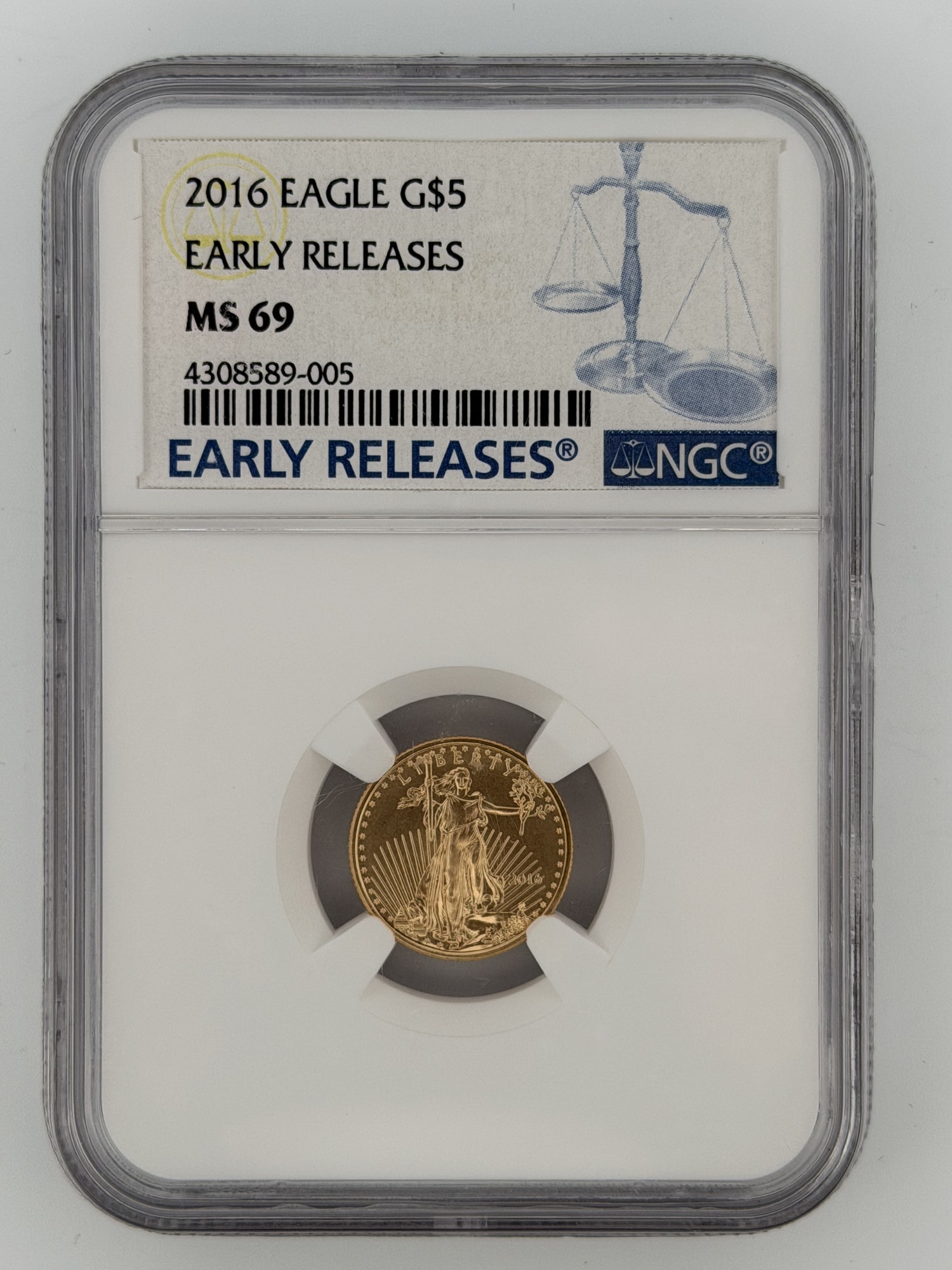 2016 American Gold Eagle 1/10 oz $5 NGC MS69 Early Releases slab obverse showing Lady Liberty design