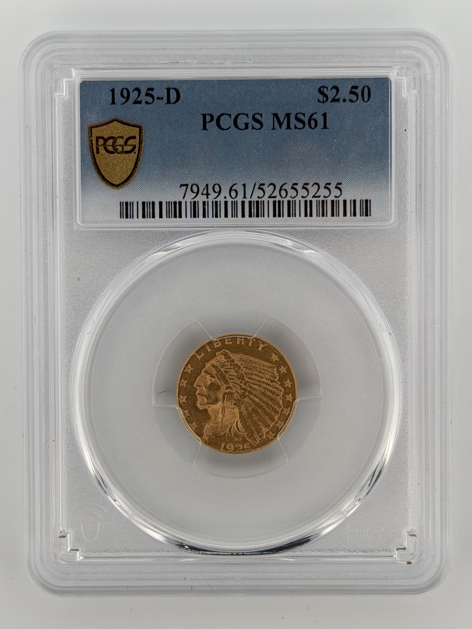 1925-D $2.50 Gold Quarter Eagle PCGS MS61 obverse showing incuse Indian Head portrait in PCGS slab with blue label