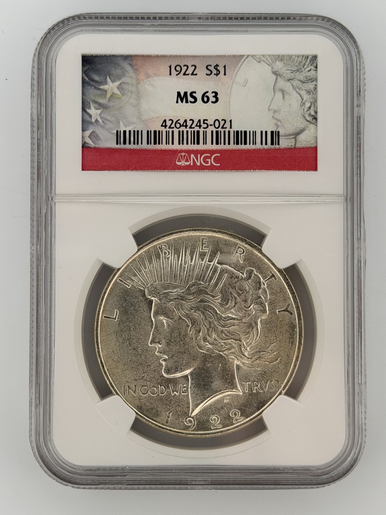 1922 Peace Silver Dollar NGC MS 63 obverse showing Liberty portrait in radiate crown, sealed in NGC slab