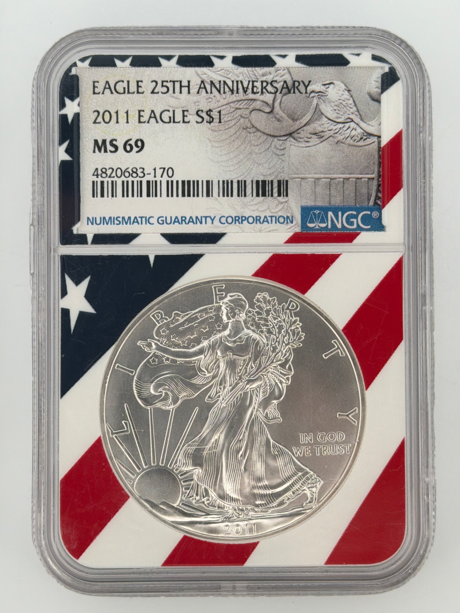 2011 American Silver Eagle NGC MS 69 Eagle 25th Anniversary slab obverse showing Walking Liberty design in patriotic flag holder