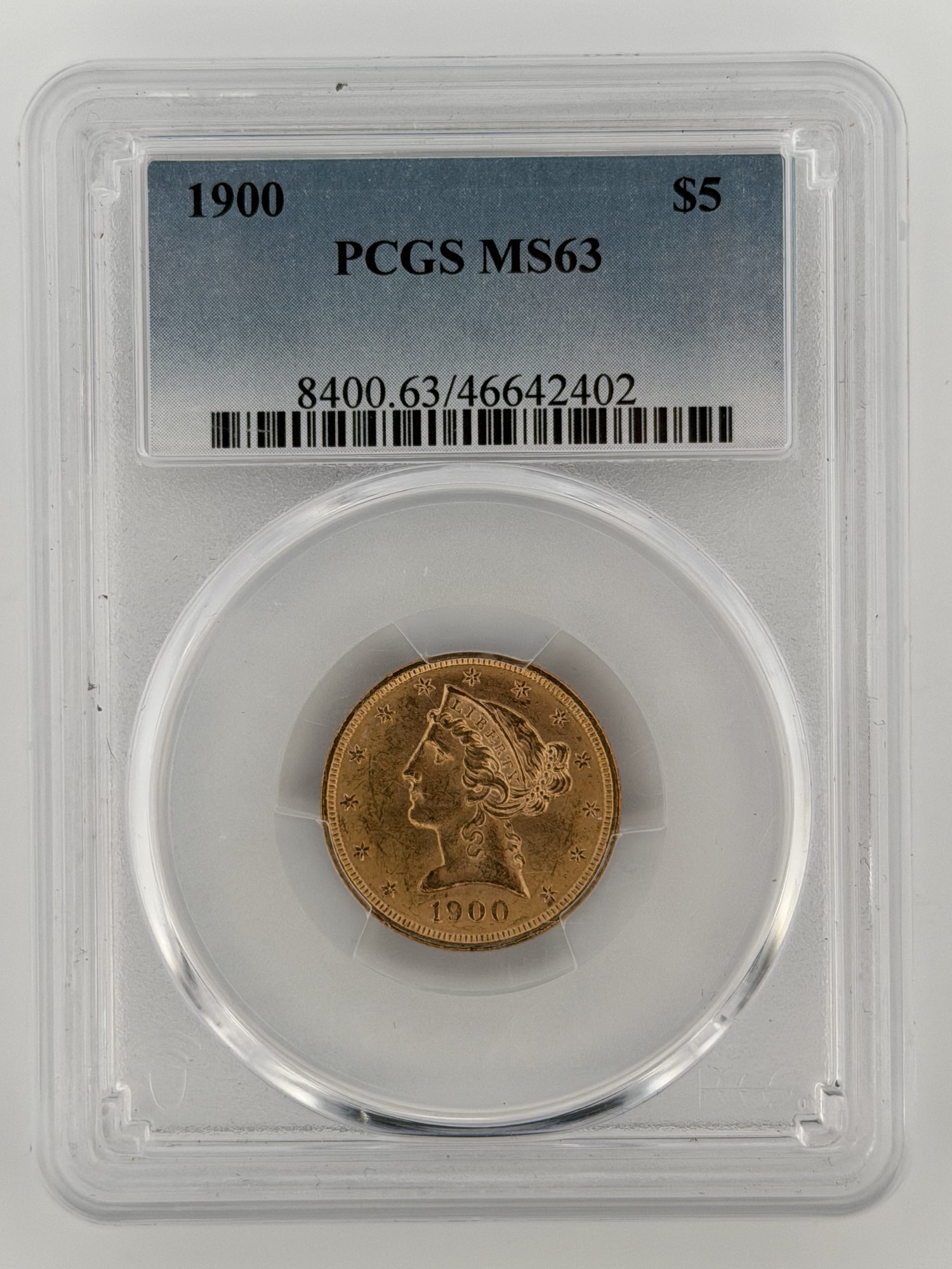 1900-P Liberty Head $5 Gold Half Eagle PCGS MS63 obverse showing Liberty coronet portrait and 13 stars in PCGS slab