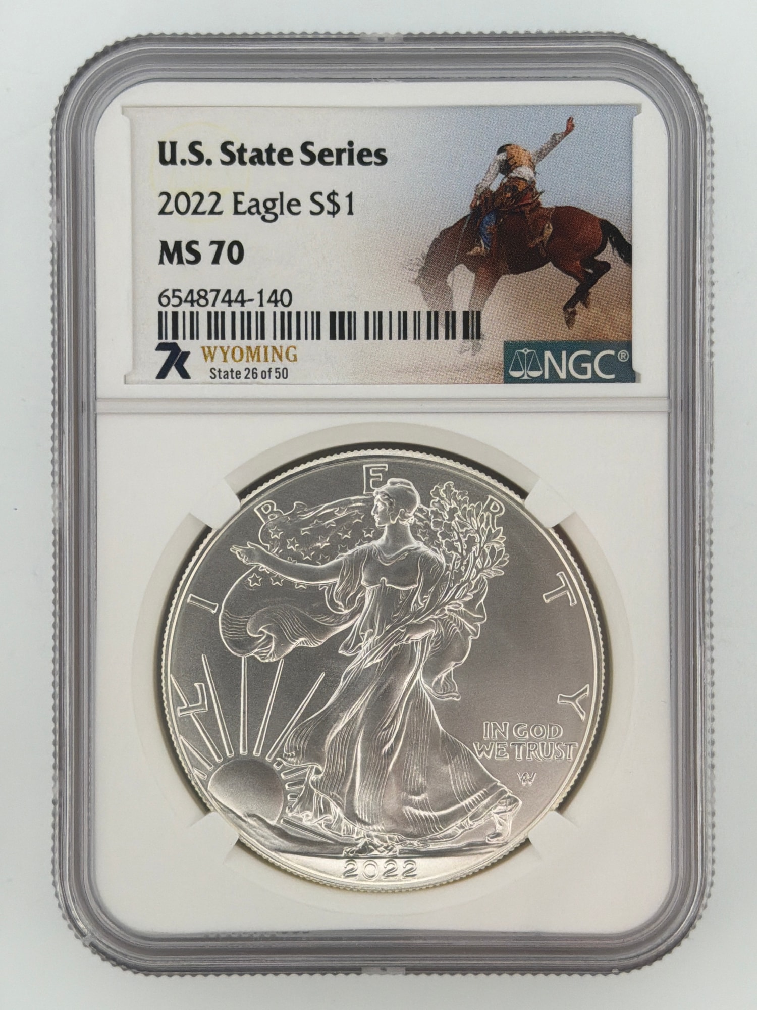 2022-W American Silver Eagle NGC MS70 obverse in slab with Wyoming U.S. State Series label, State 26 of 50