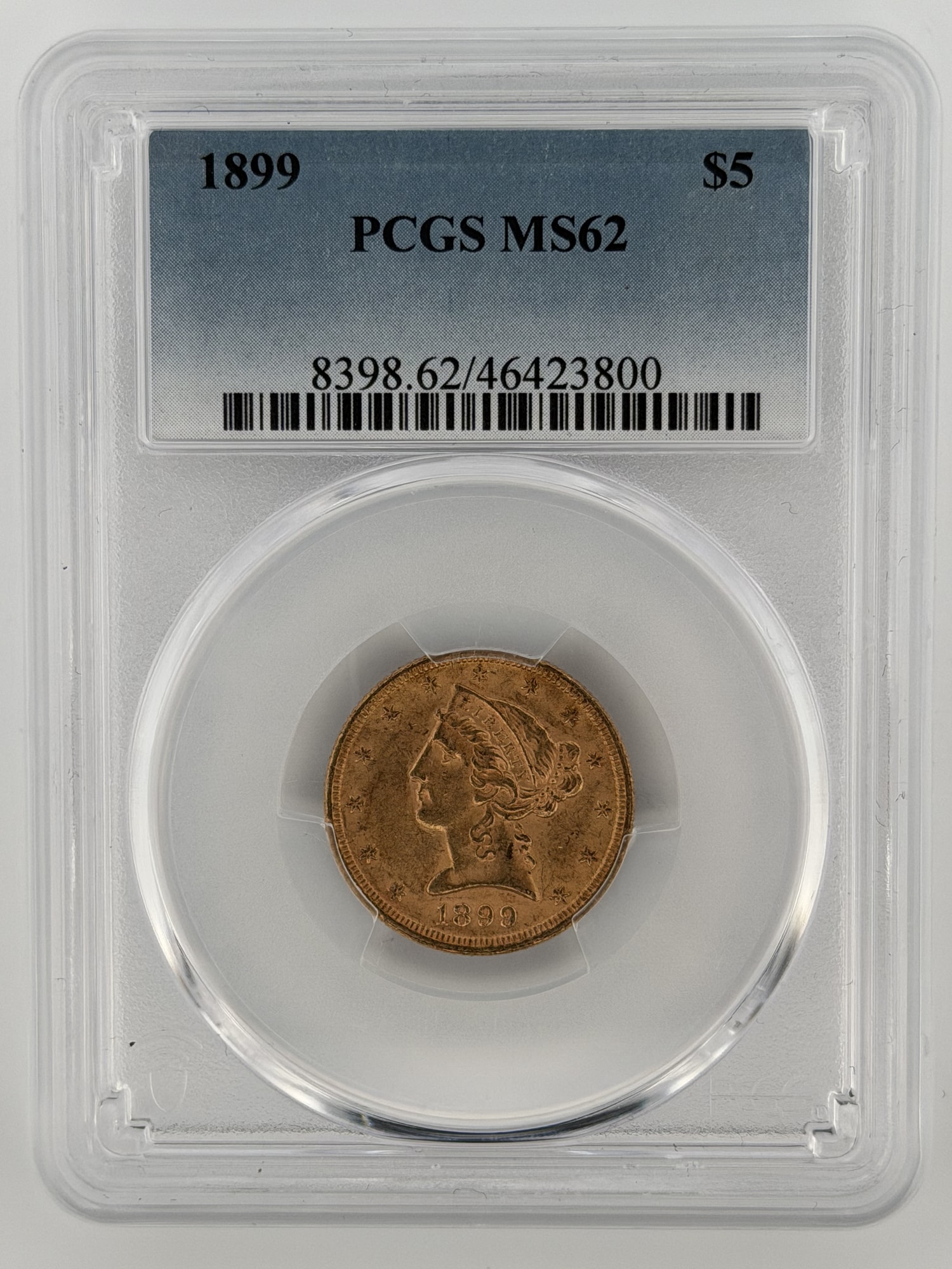 1899-P Liberty Head Gold Half Eagle PCGS MS62 obverse in sonically sealed slab showing Lady Liberty and 13 stars