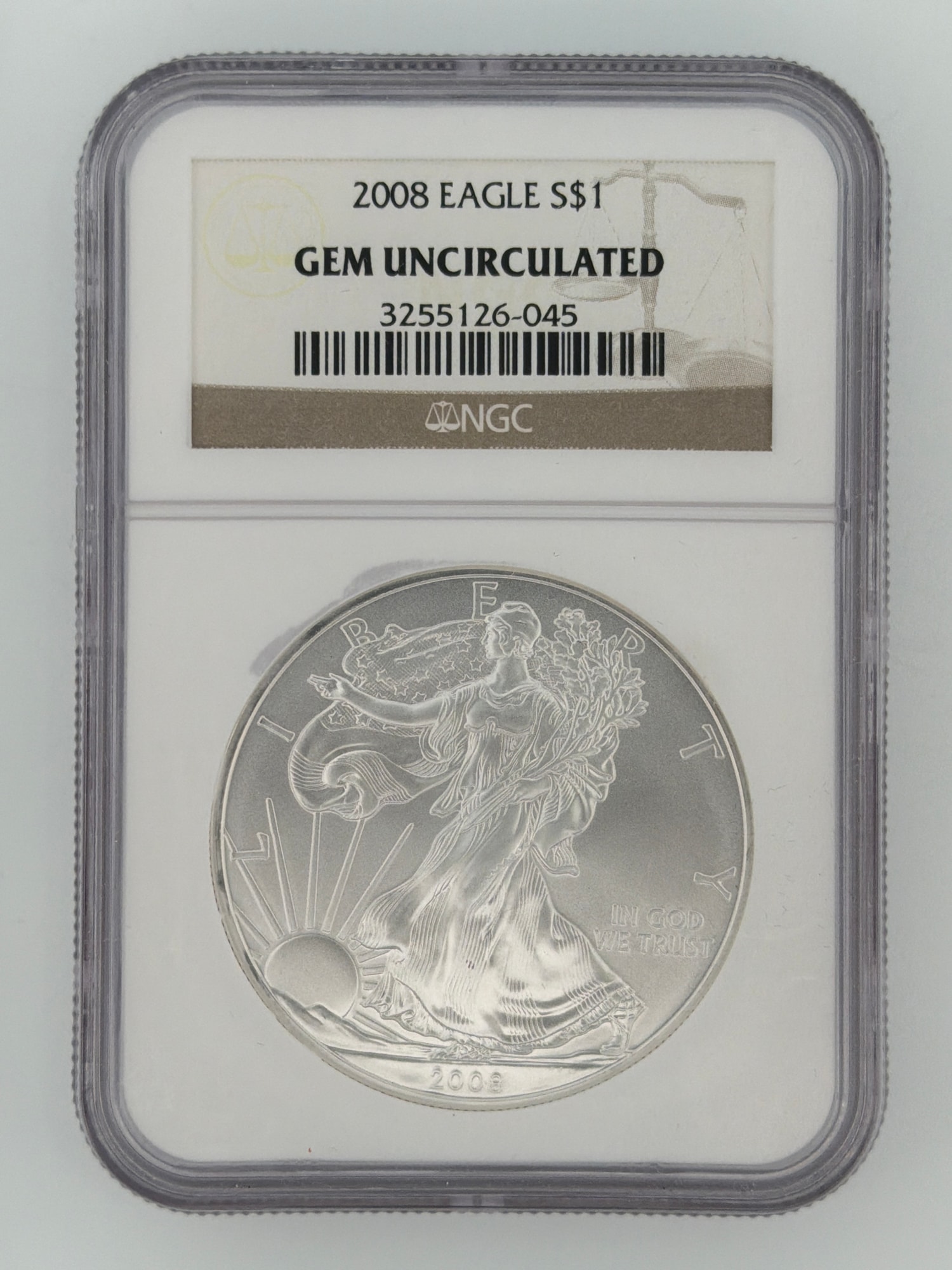 2008 American Silver Eagle NGC Gem Uncirculated slab obverse showing Walking Liberty design and NGC label with cert 3255126-045