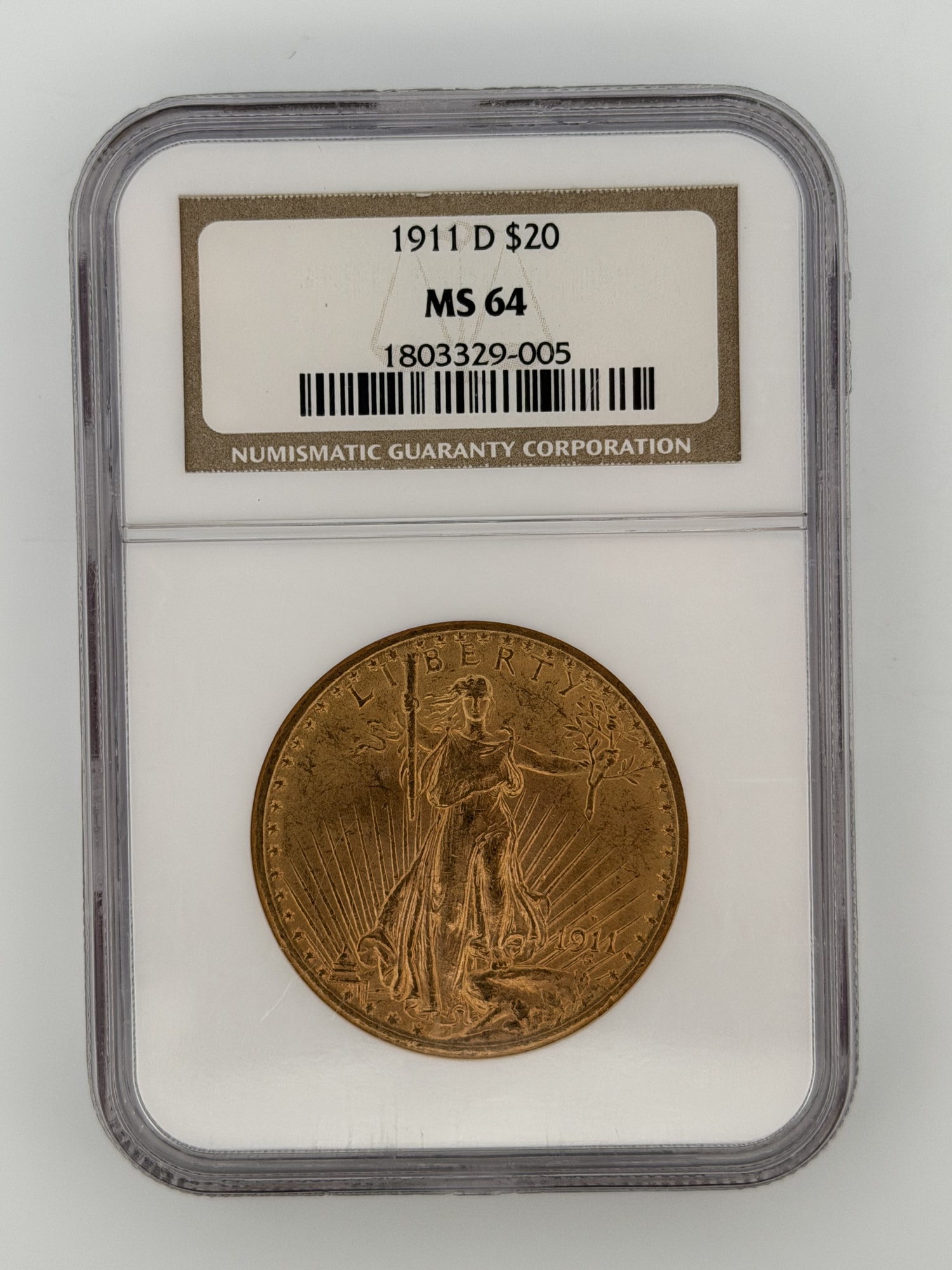 1911-D Saint-Gaudens Double Eagle MS64 NGC slab obverse showing full-length Liberty with torch and date 1911