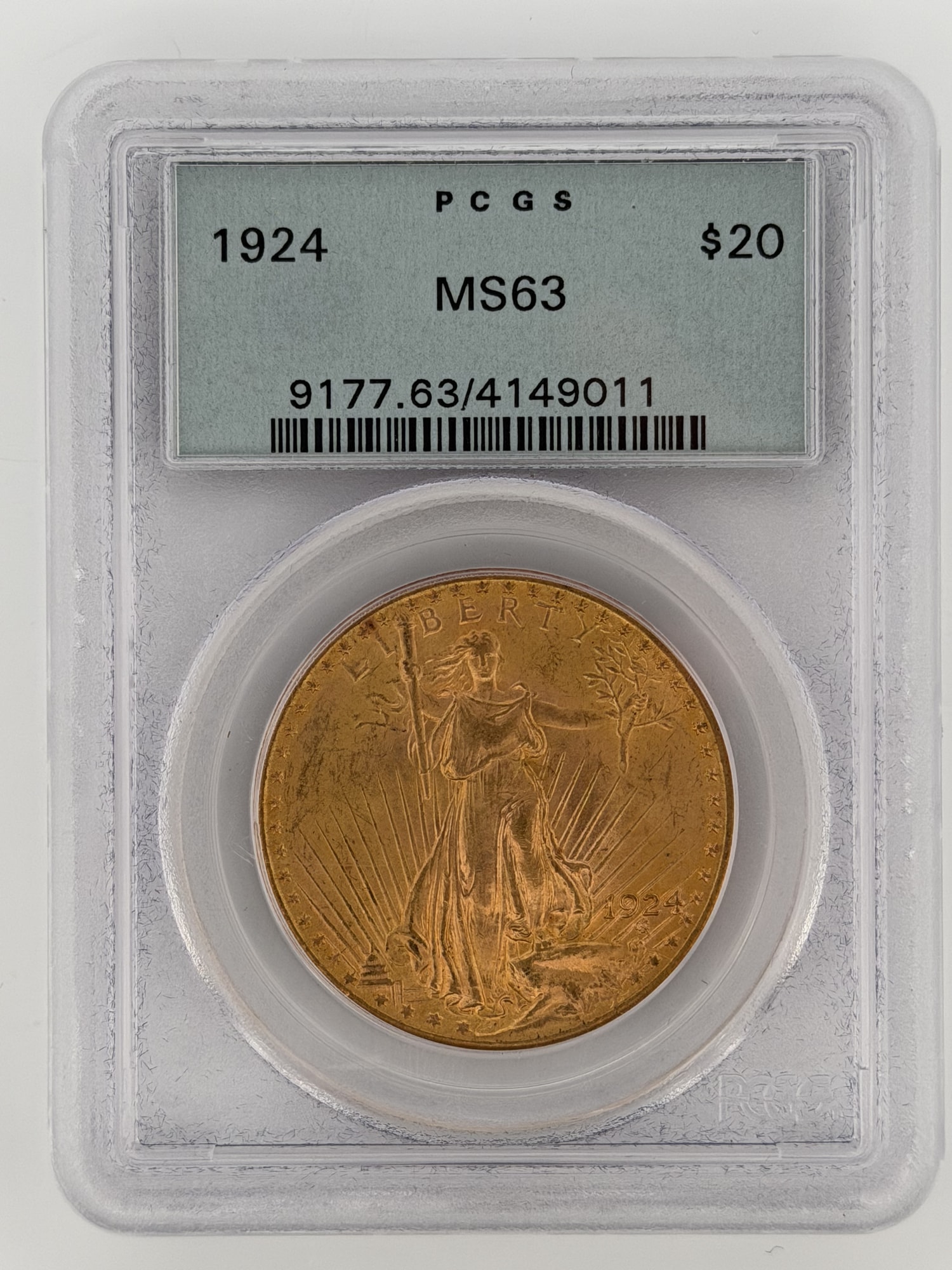 1924-P $20 Saint-Gaudens Gold Double Eagle PCGS MS63 obverse showing Liberty in PCGS old green holder