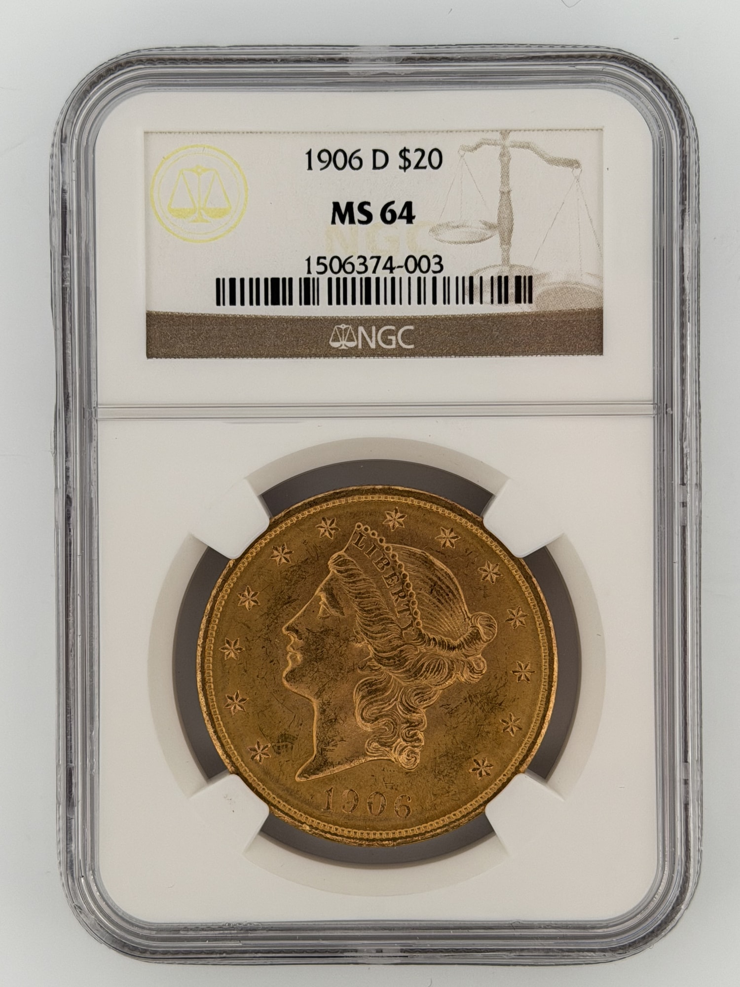 1906-D Liberty Head Double Eagle $20 Gold NGC MS64 obverse showing Coronet Liberty portrait and 13 stars in NGC slab