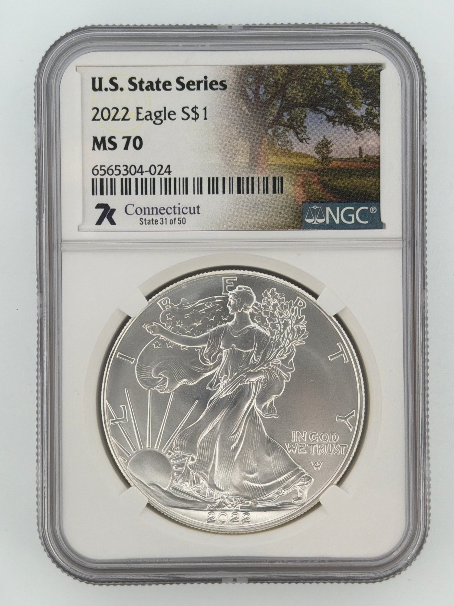 2022-W American Silver Eagle NGC MS70 obverse in slab with Connecticut U.S. State Series label, Walking Liberty design
