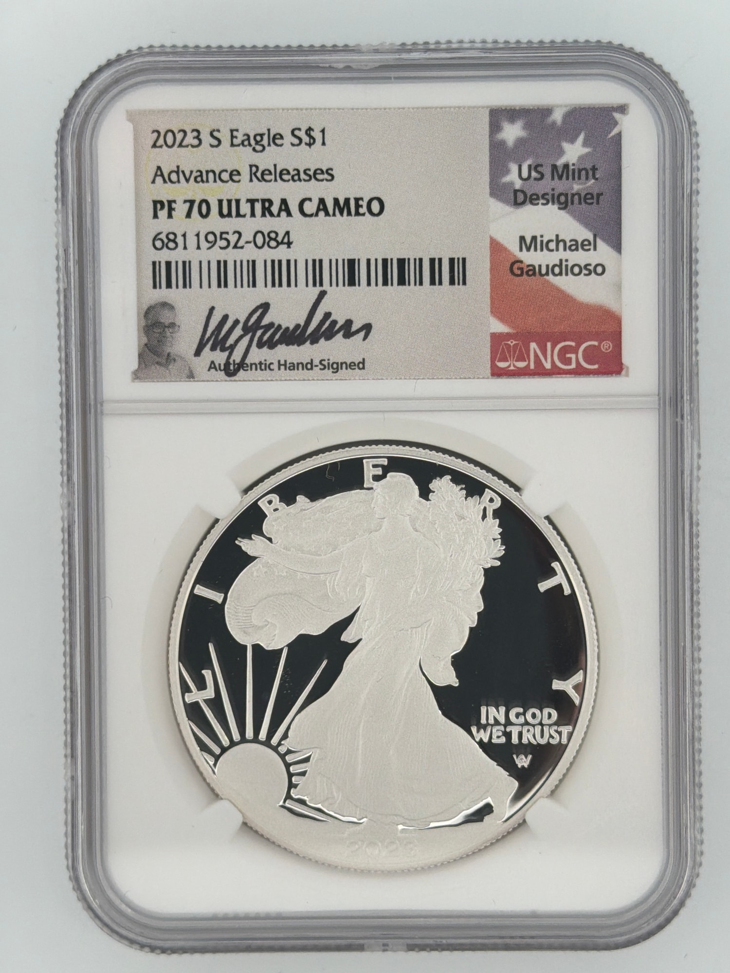 2023-S American Silver Eagle NGC PF70 Ultra Cameo slab obverse with Walking Liberty design and Michael Gaudioso hand-signed label