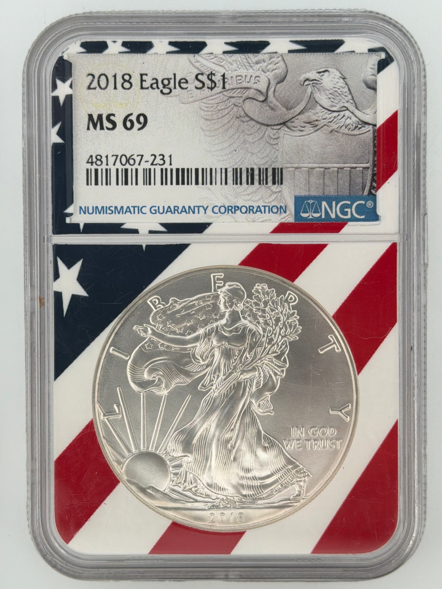 2018 American Silver Eagle NGC MS 69 obverse showing Walking Liberty design in Stars and Stripes flag holder