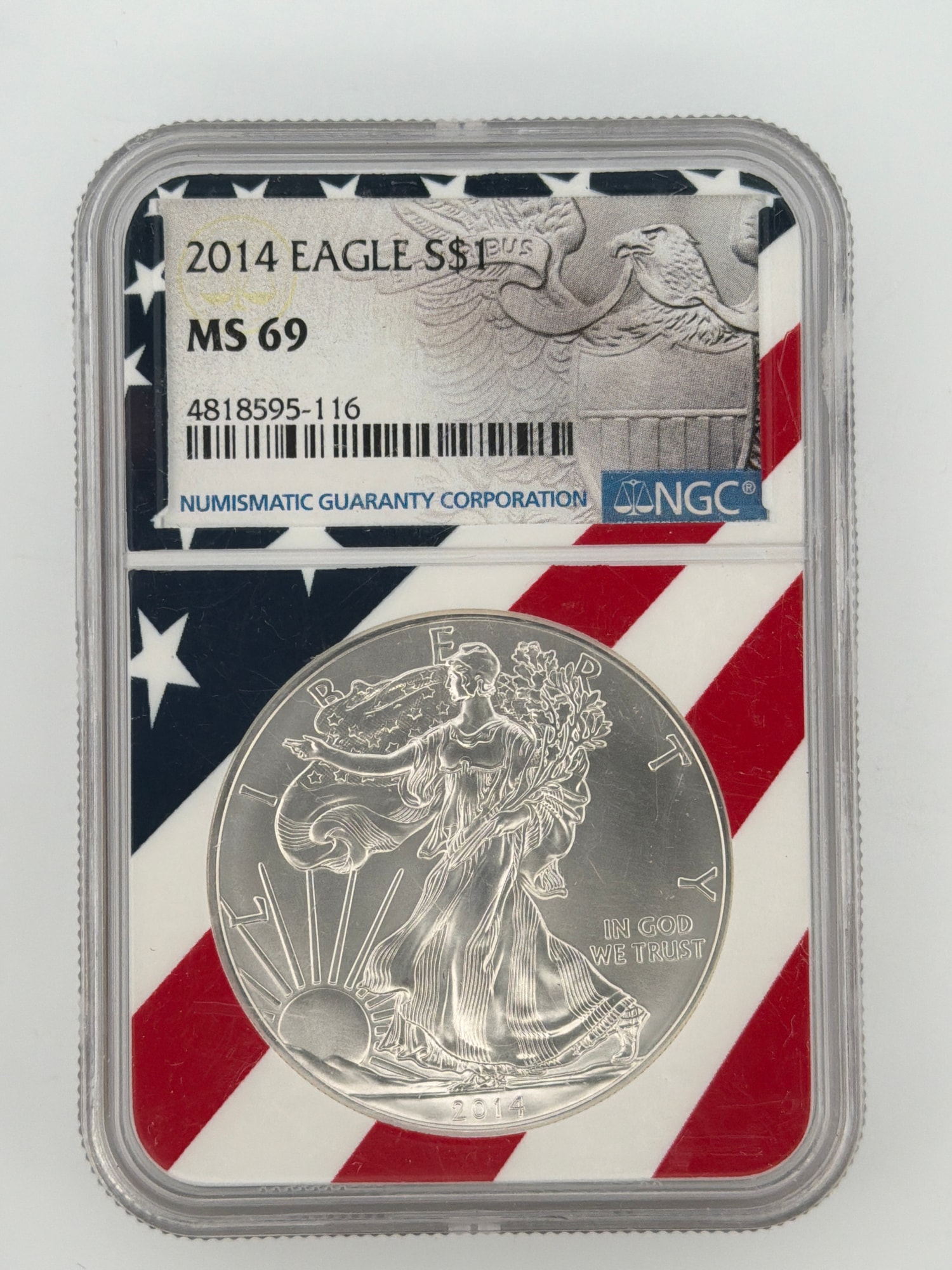 2014 American Silver Eagle NGC MS 69 obverse in patriotic American flag holder showing Walking Liberty design