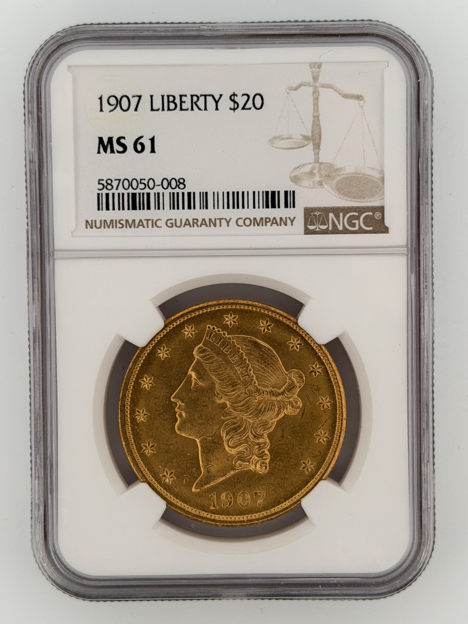 1907 Liberty Head Double Eagle $20 Gold NGC MS61 obverse showing Coronet Liberty portrait and 13 stars in NGC slab