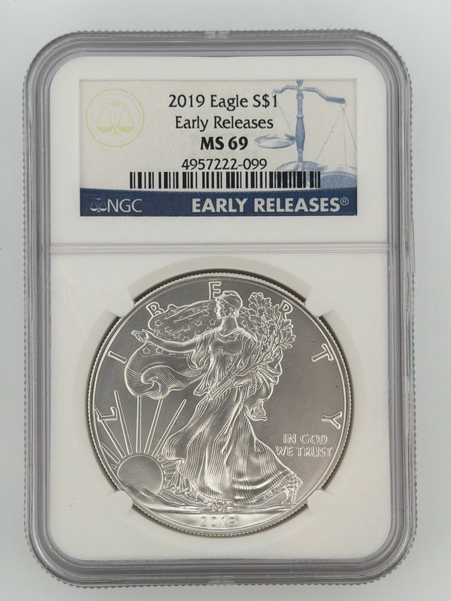 2019 American Silver Eagle NGC MS69 Early Releases slab obverse — Walking Liberty design with NGC label