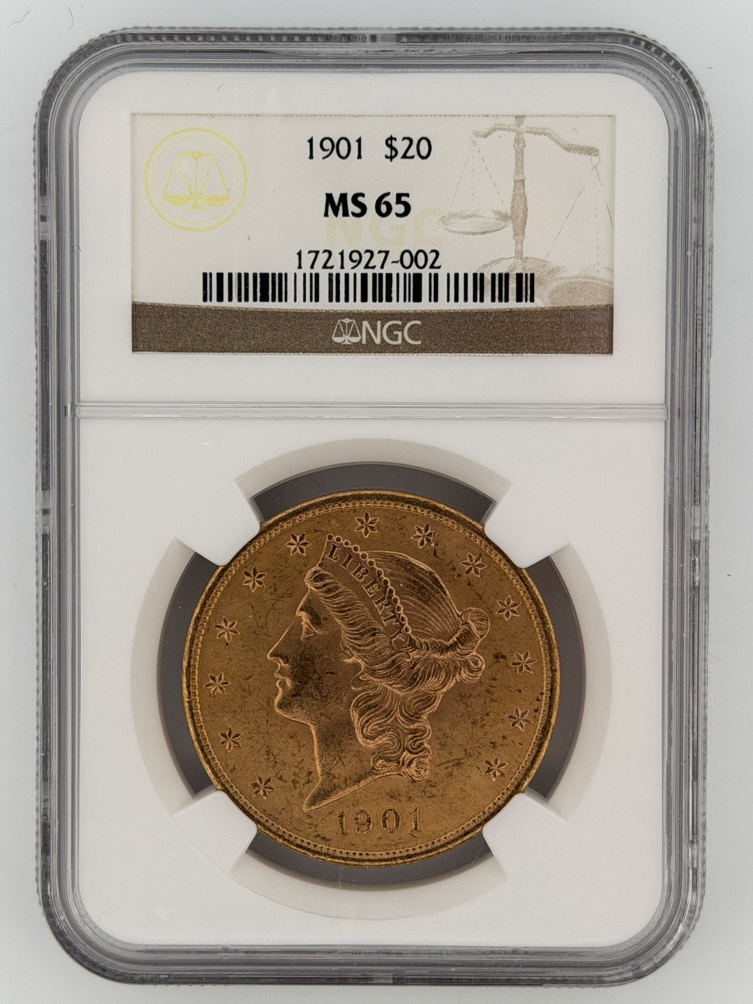 1901 Liberty Head Double Eagle $20 Gold NGC MS65 obverse showing Coronet Liberty portrait and thirteen stars in NGC slab