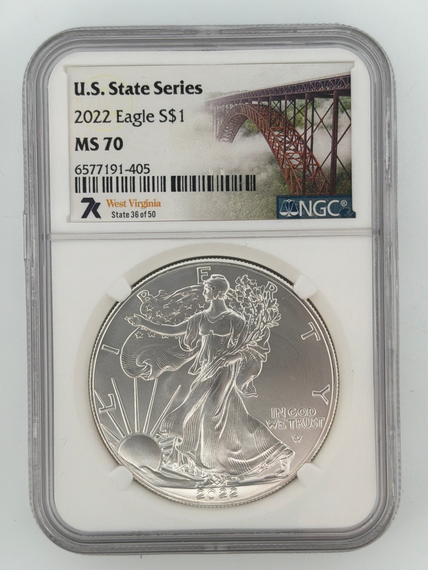2022 American Silver Eagle NGC MS70 obverse in U.S. State Series West Virginia slab with New River Gorge Bridge label