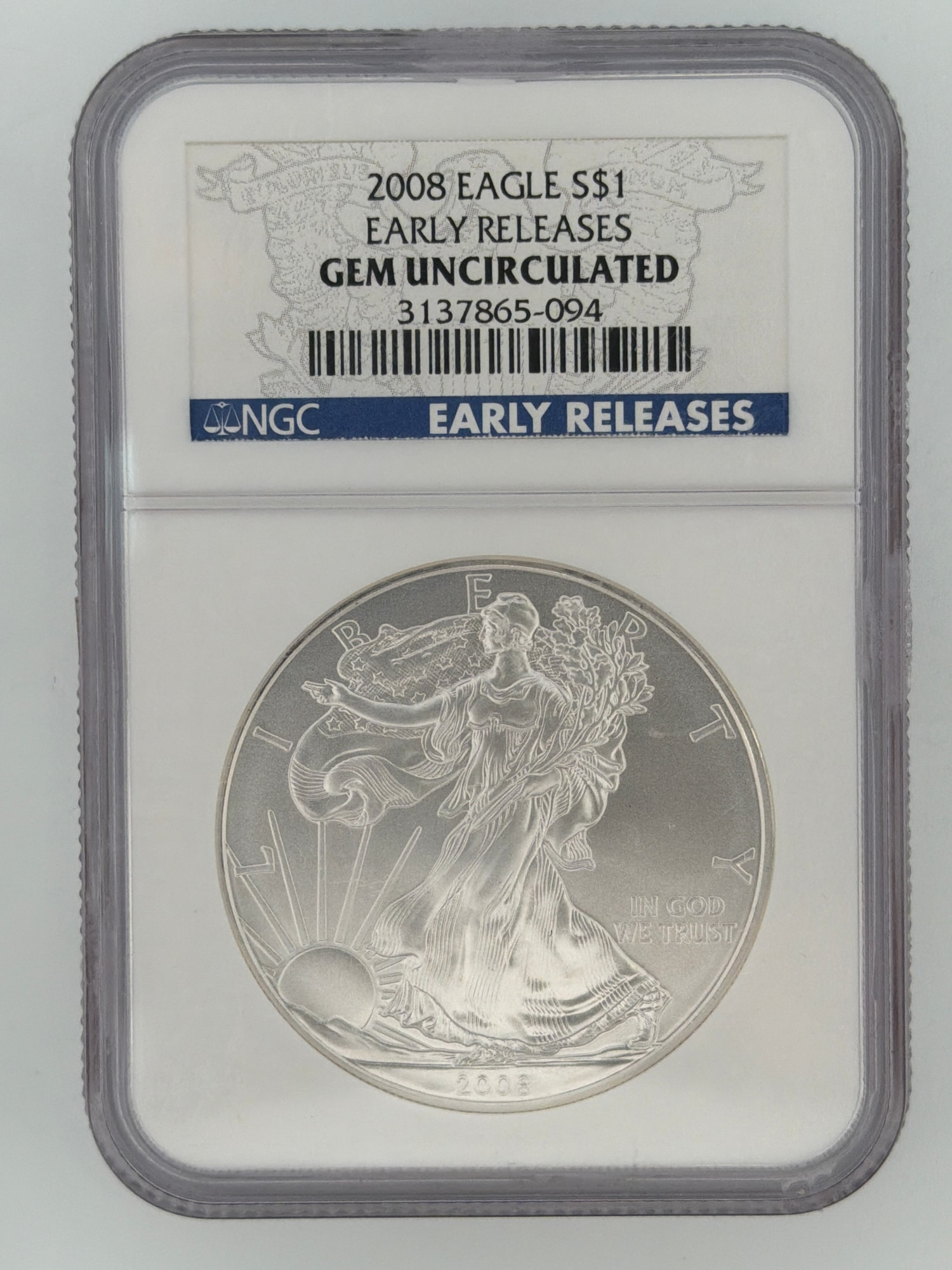 2008 American Silver Eagle NGC Gem Uncirculated Early Releases slab obverse showing Walking Liberty design