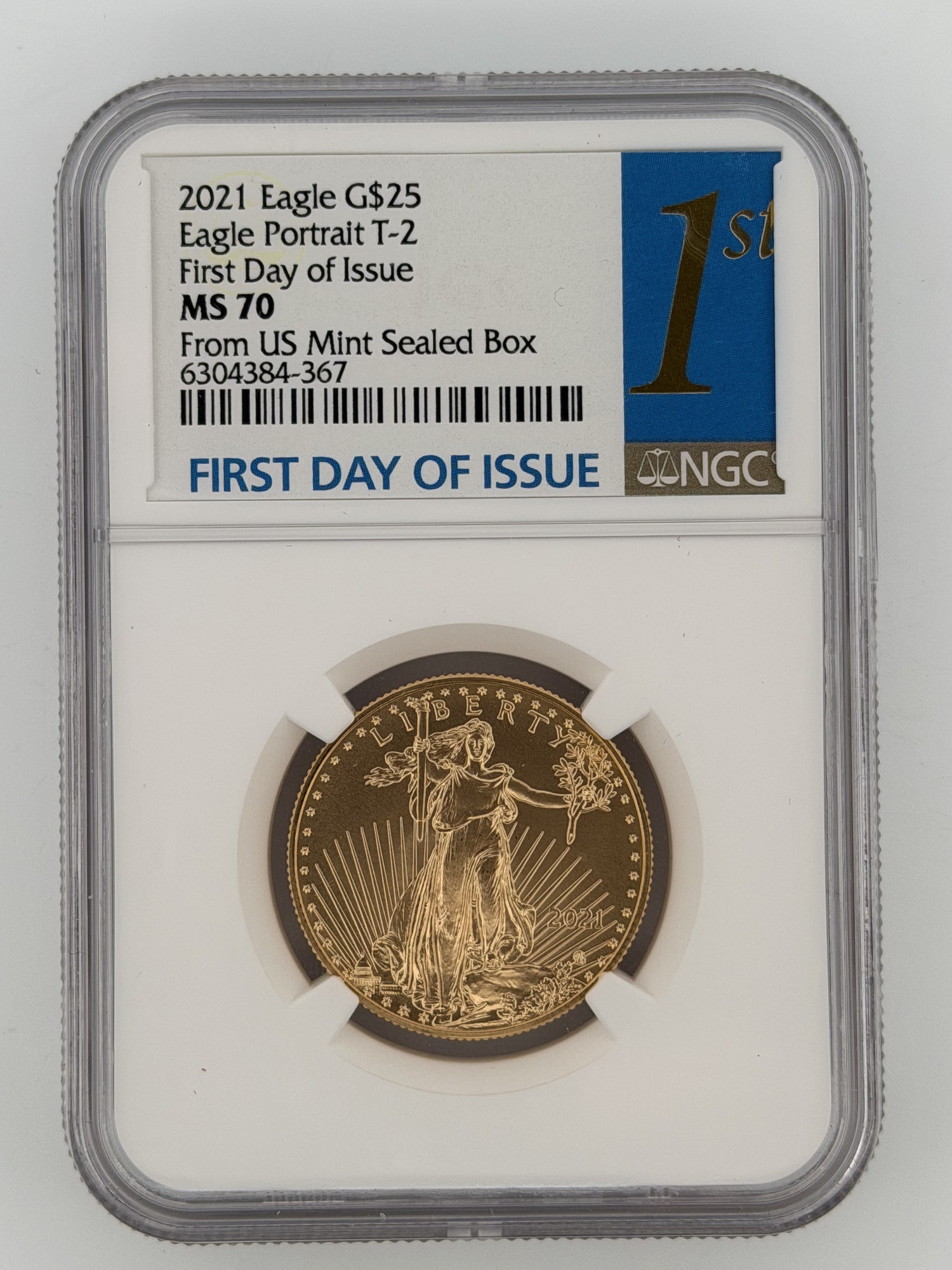 2021 American Gold Eagle $25 Type 2 NGC MS70 First Day of Issue slab obverse showing Liberty striding design and blue First Day of Issue lab