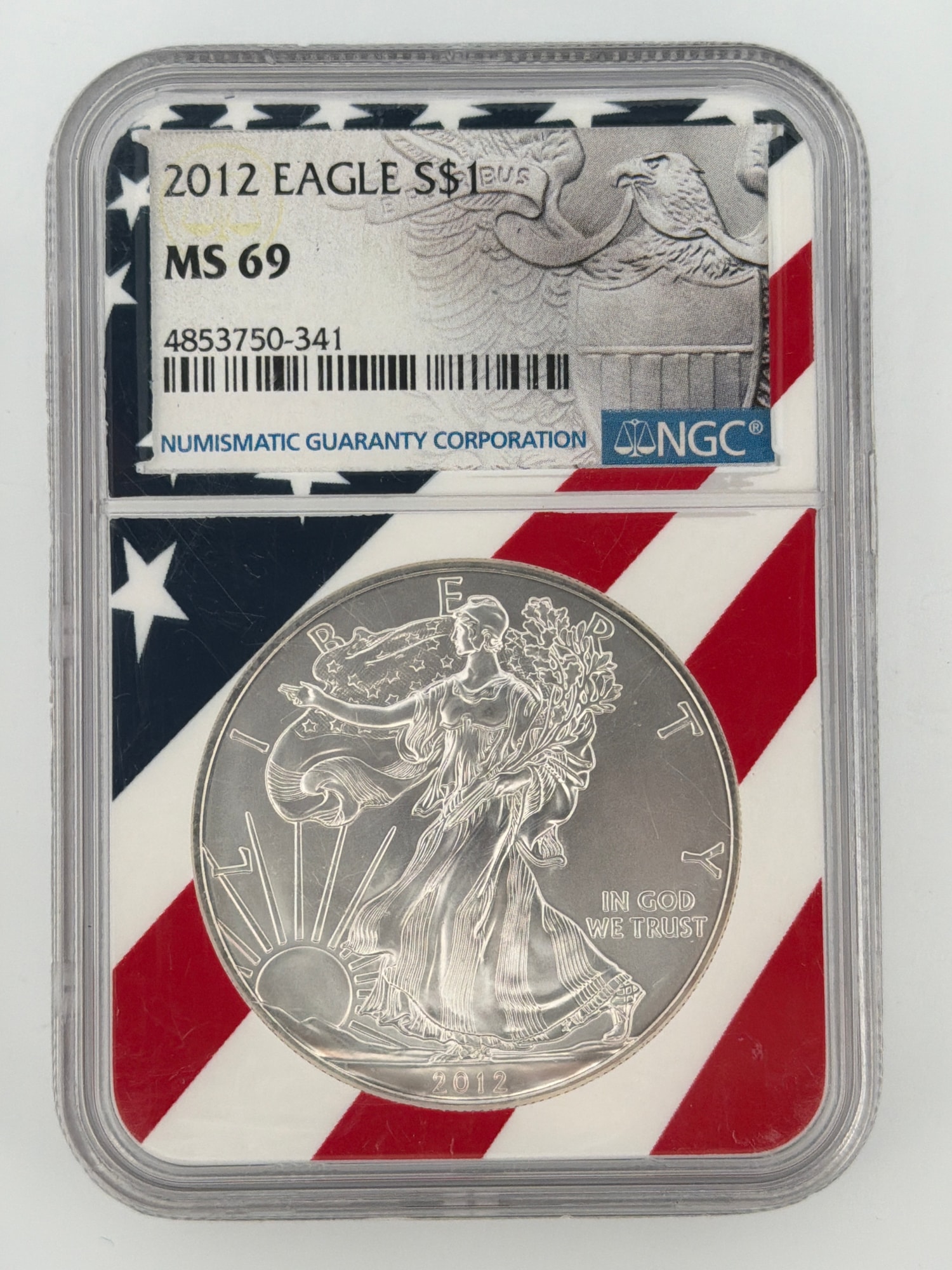 2012 American Silver Eagle $1 NGC MS 69 obverse showing Walking Liberty design in patriotic American flag NGC slab
