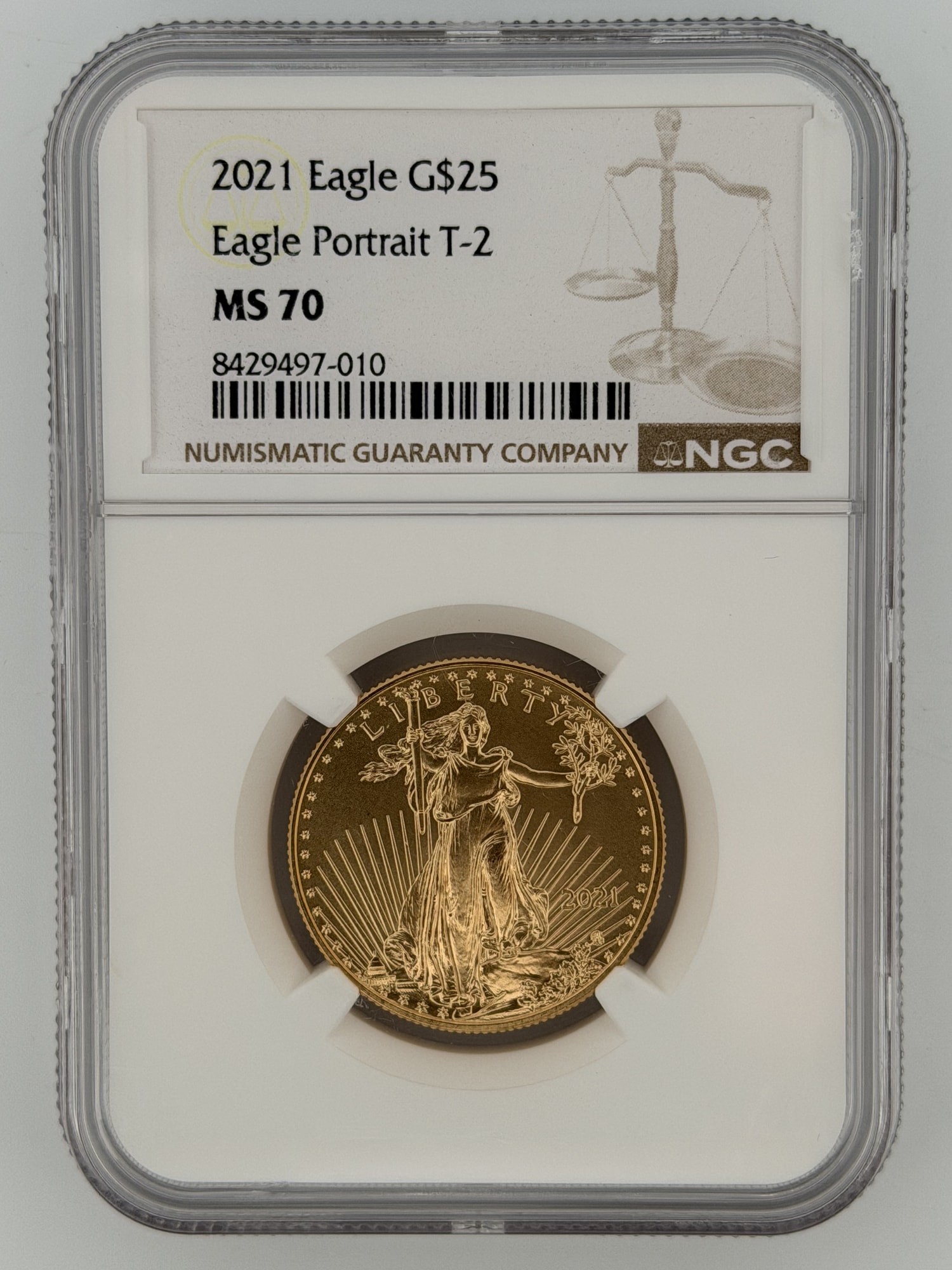 2021 American Gold Eagle $25 Type 2 NGC MS70 slab obverse showing Liberty walking design and NGC label