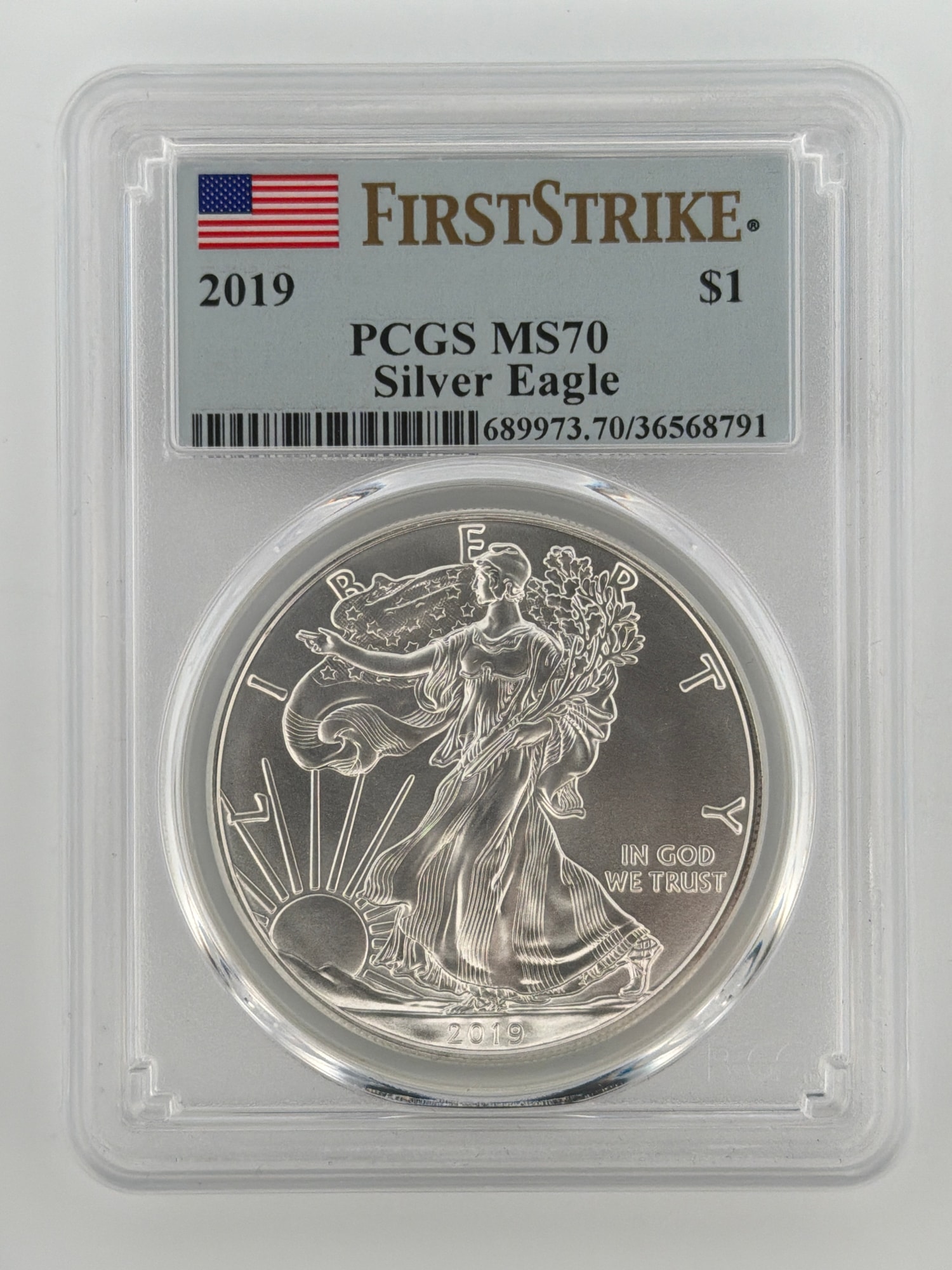 2019 American Silver Eagle PCGS MS70 First Strike obverse in slab showing Walking Liberty design and label