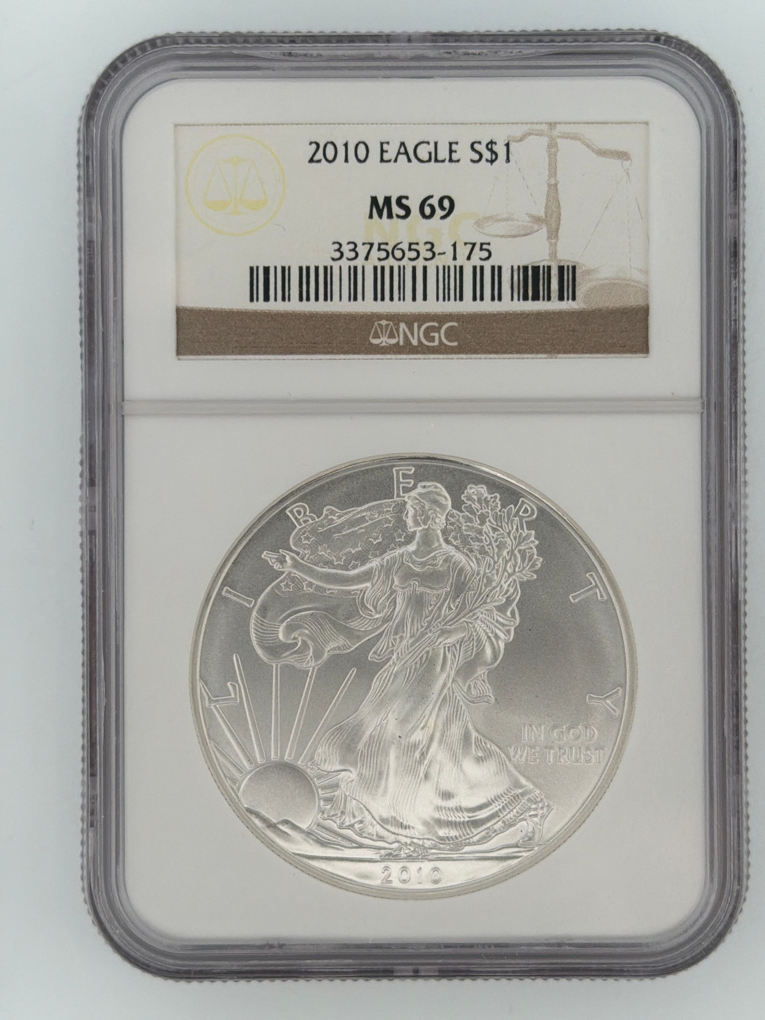 2010 American Silver Eagle NGC MS 69 obverse showing Walking Liberty design in sonically sealed slab with NGC label