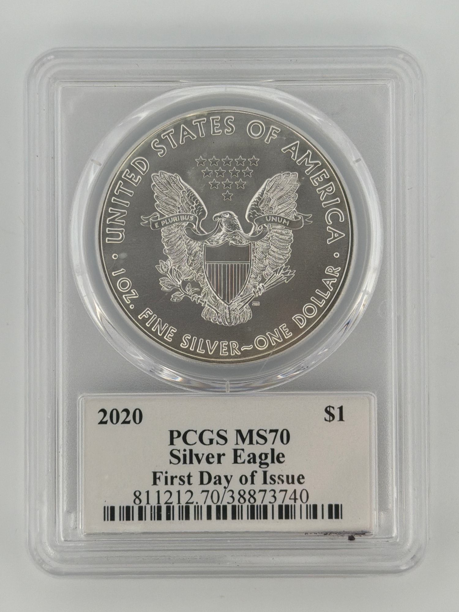 2020 American Silver Eagle PCGS MS70 reverse showing heraldic eagle and 1 OZ FINE SILVER ONE DOLLAR inscription with PCGS slab label