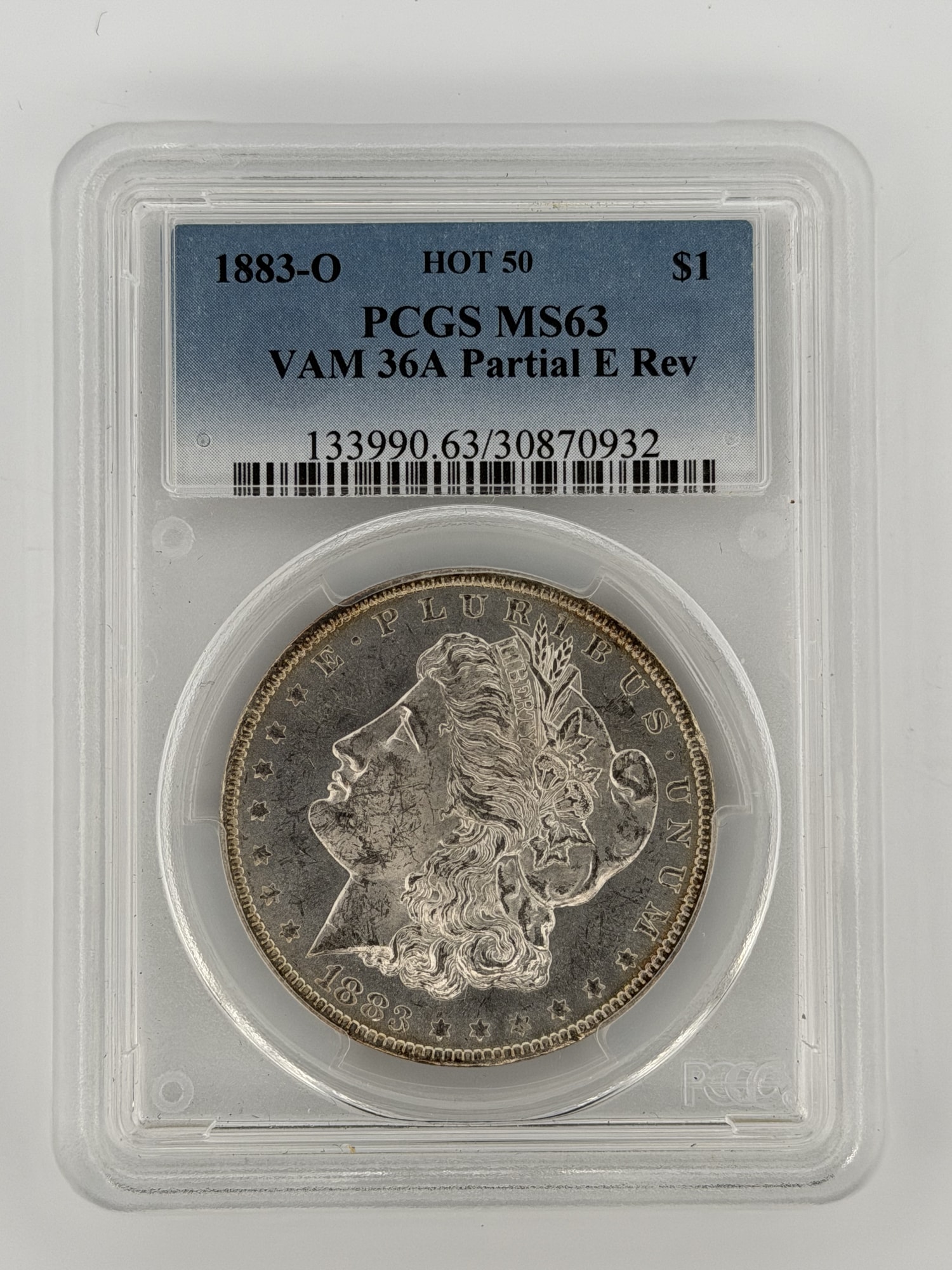 1883-O Morgan Silver Dollar VAM 36A PCGS MS63 HOT 50 obverse in slab showing Liberty portrait and blue label