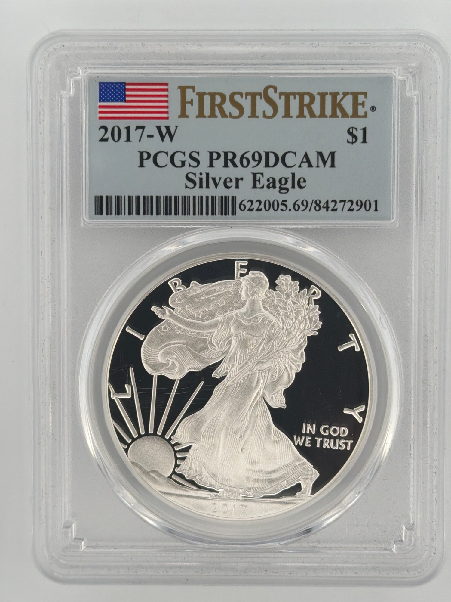 2017-W American Silver Eagle Proof PCGS PR69DCAM First Strike slab showing Walking Liberty obverse with mirror cameo fields