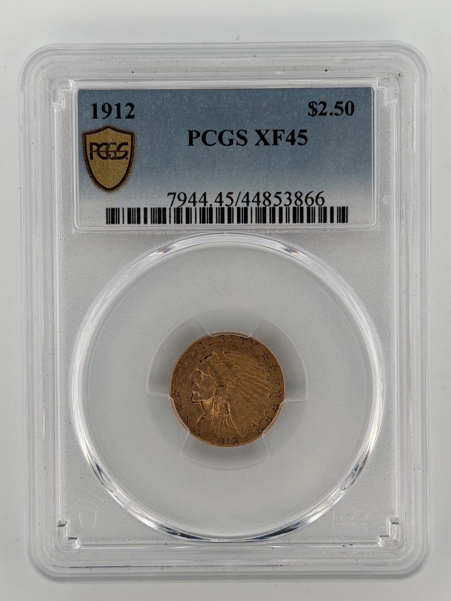 1912-P $2.50 Gold Quarter Eagle PCGS XF45 obverse showing incuse Indian Head portrait in PCGS slab