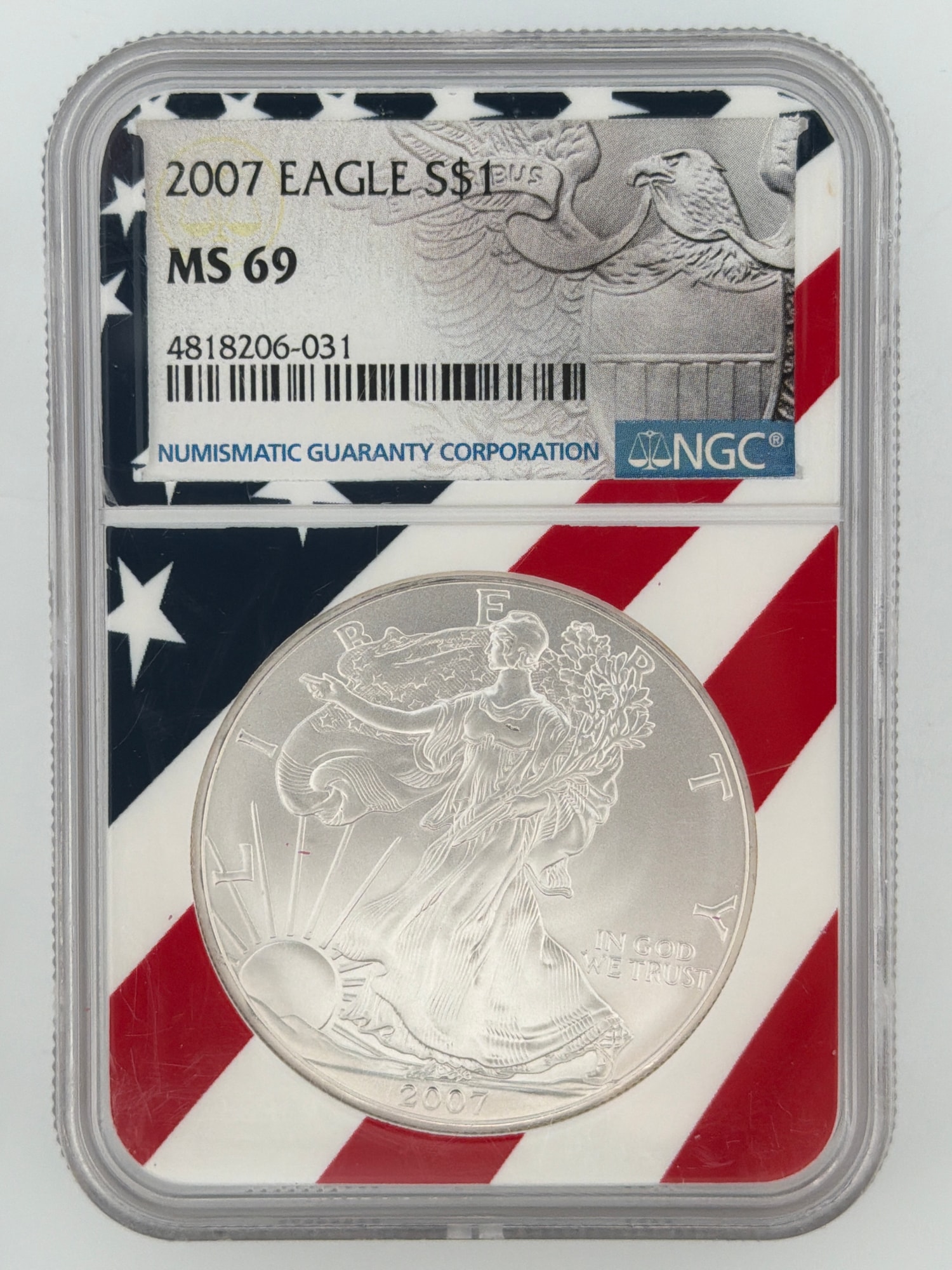 2007 American Silver Eagle NGC MS69 obverse showing Walking Liberty design in patriotic flag-themed NGC slab