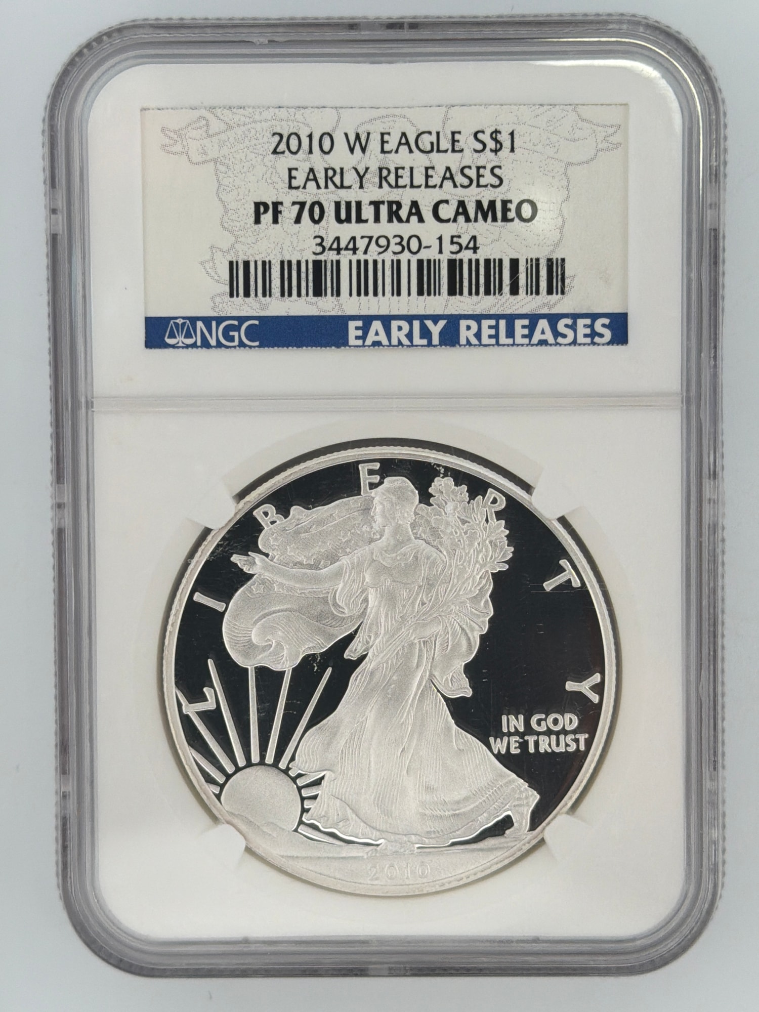 2010-W American Silver Eagle NGC PF70 Ultra Cameo Early Releases slab obverse showing Walking Liberty design and NGC label