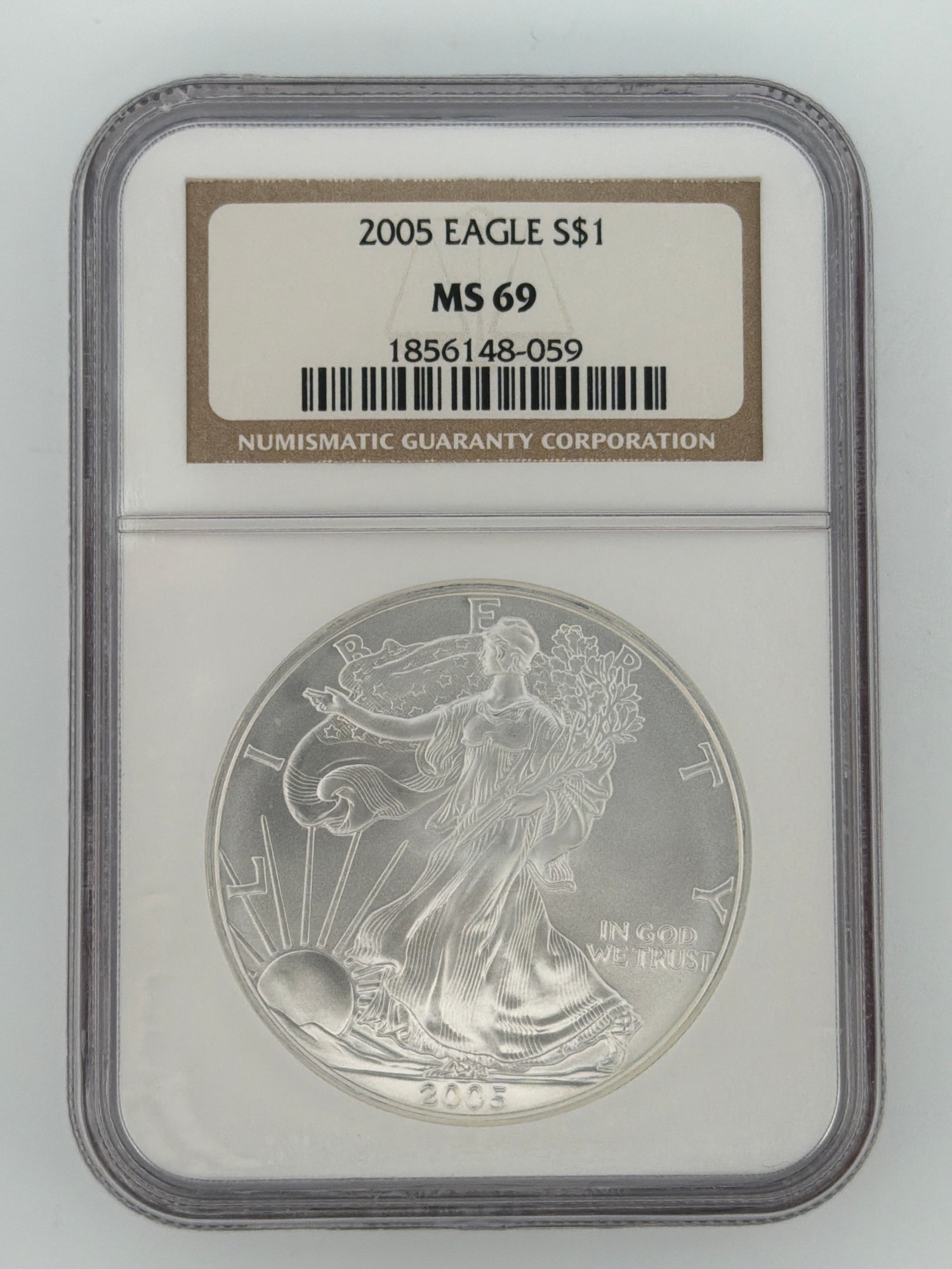 2005 American Silver Eagle NGC MS-69 obverse showing Walking Liberty design in NGC slab with label