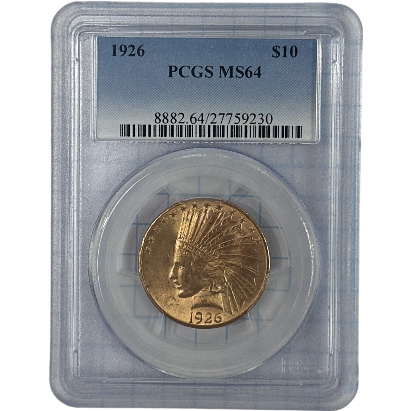 1926-P $10 Indian Head Gold Eagle PCGS MS64 obverse showing incuse Indian Head portrait and thirteen stars in PCGS blue-label slab