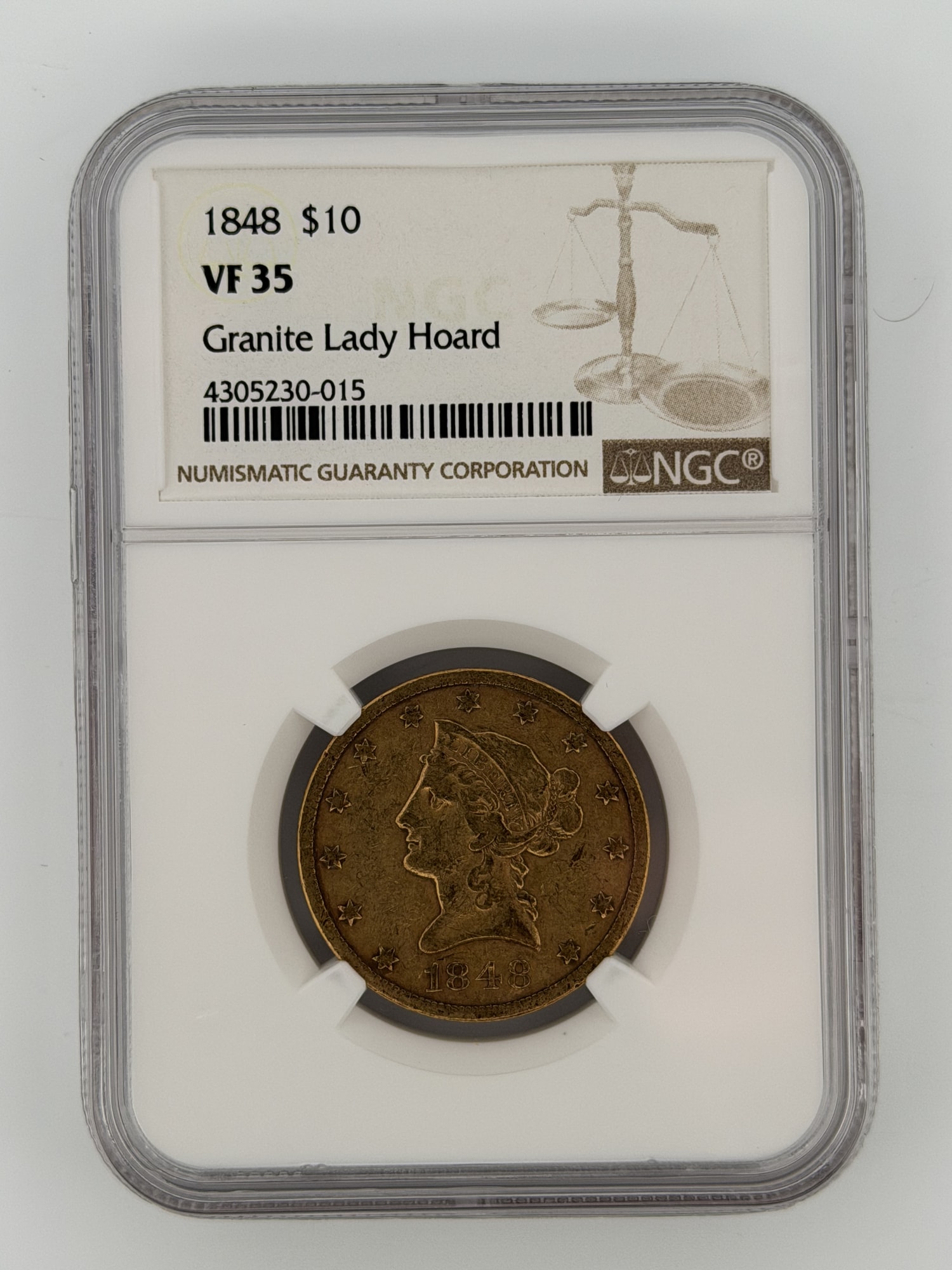 1848 Liberty Head Eagle $10 Gold NGC VF35 Granite Lady Hoard obverse in NGC slab showing Coronet Liberty portrait and 13 stars