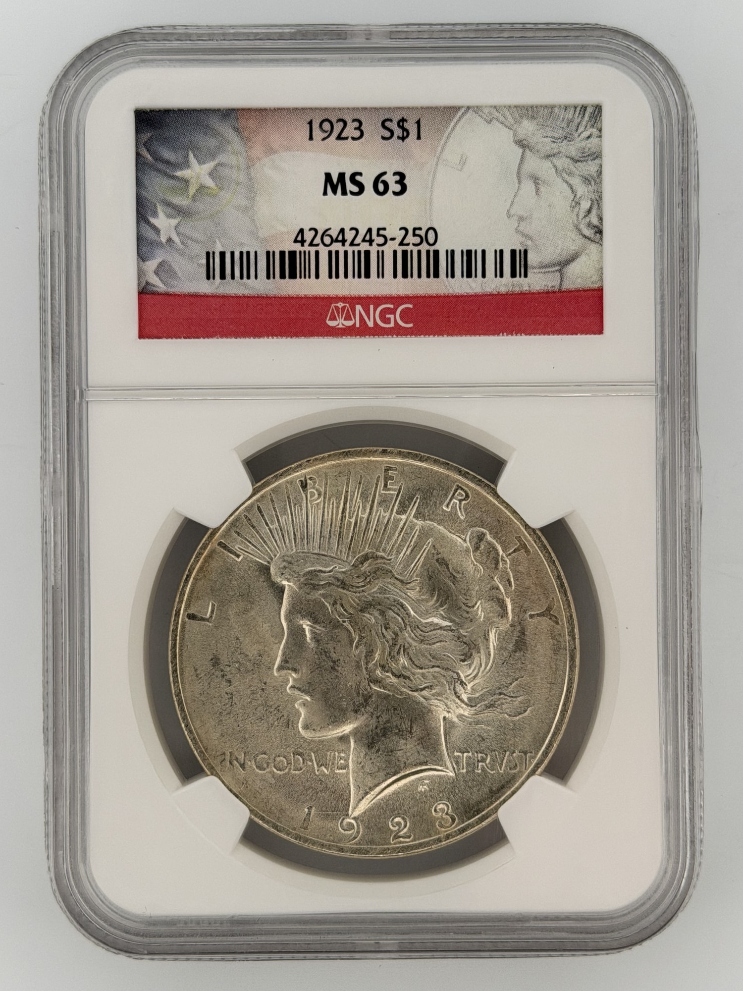 1923 Peace Dollar NGC MS 63 obverse showing Liberty portrait with radiant crown in NGC slab cert 4264245-250