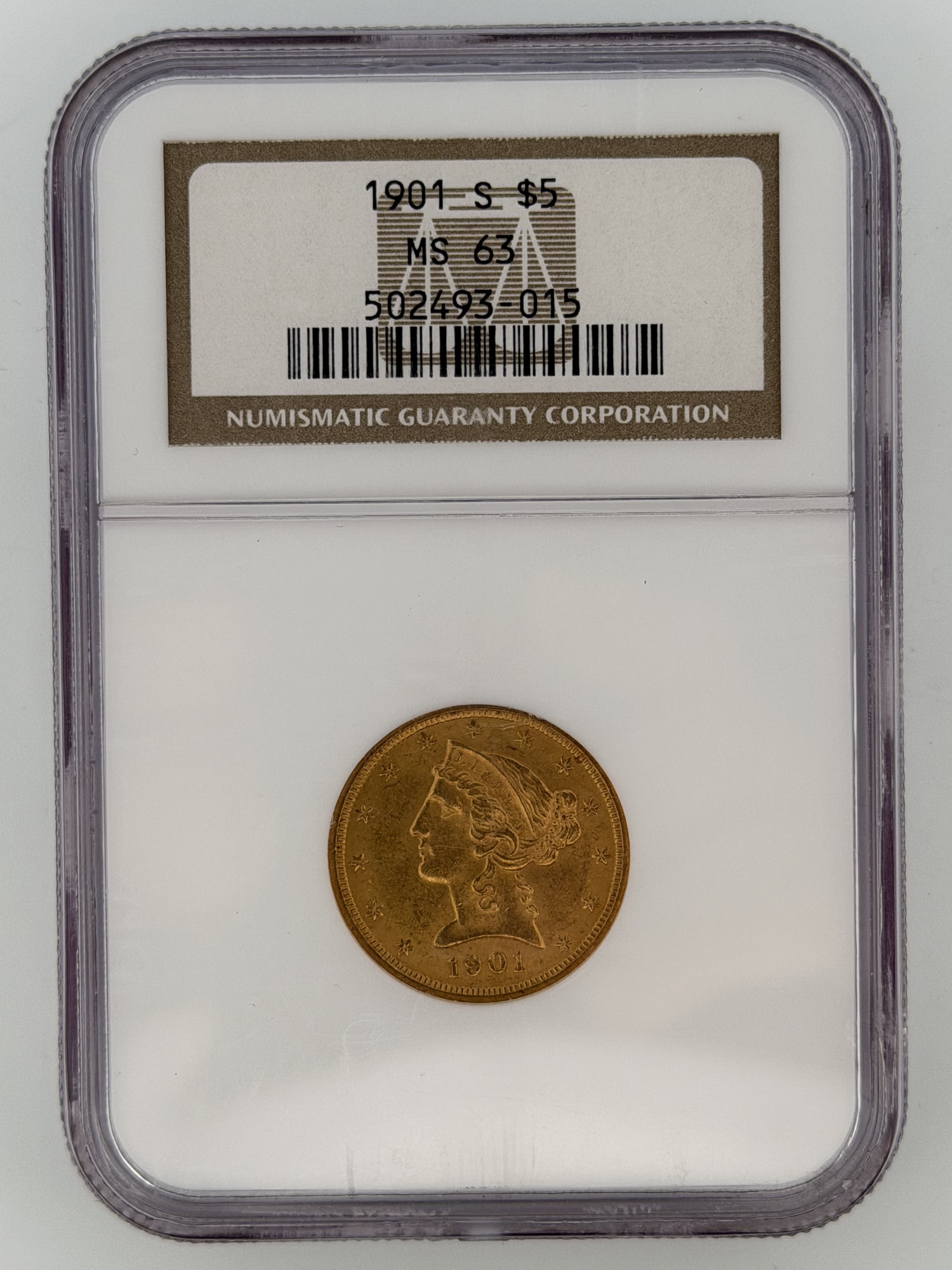 1901-S Liberty Head Half Eagle $5 gold coin obverse in NGC MS63 slab showing Coronet Liberty Head and NGC label