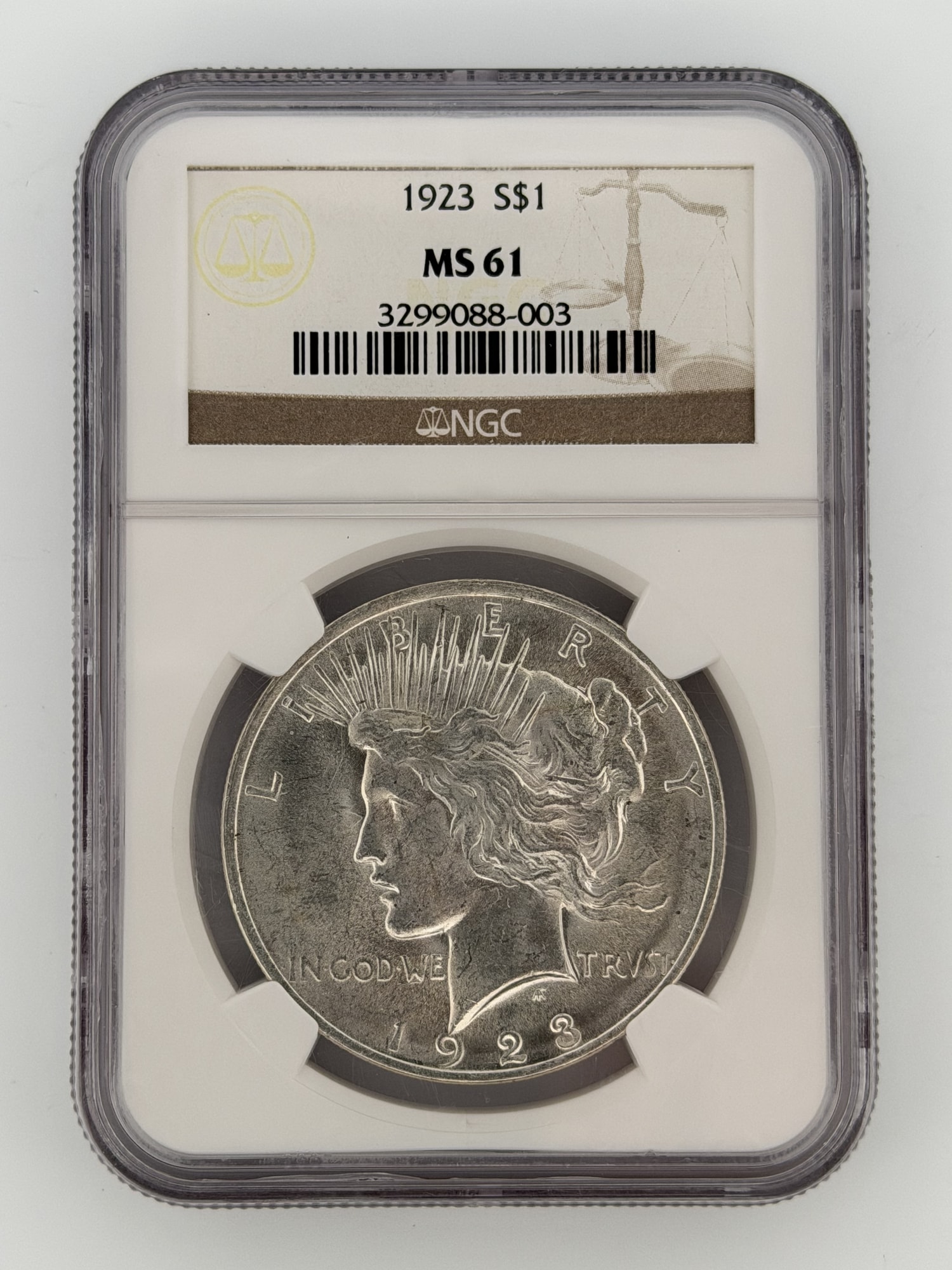 1923 Peace Dollar NGC MS 61 obverse showing Lady Liberty radiate crown portrait in sonically sealed NGC slab with cert 3299088-003