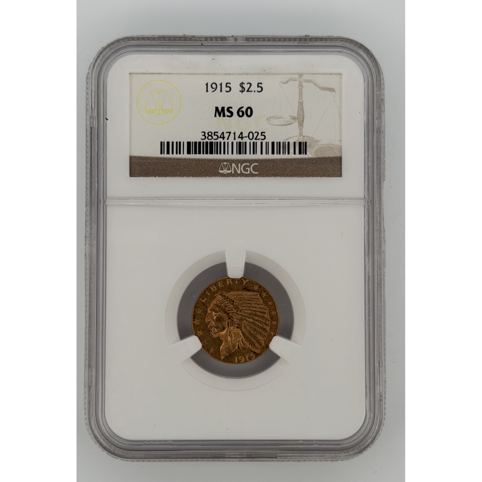 1915 Indian Head Quarter Eagle $2.50 Gold NGC MS60 obverse showing incuse Indian chief portrait in NGC slab
