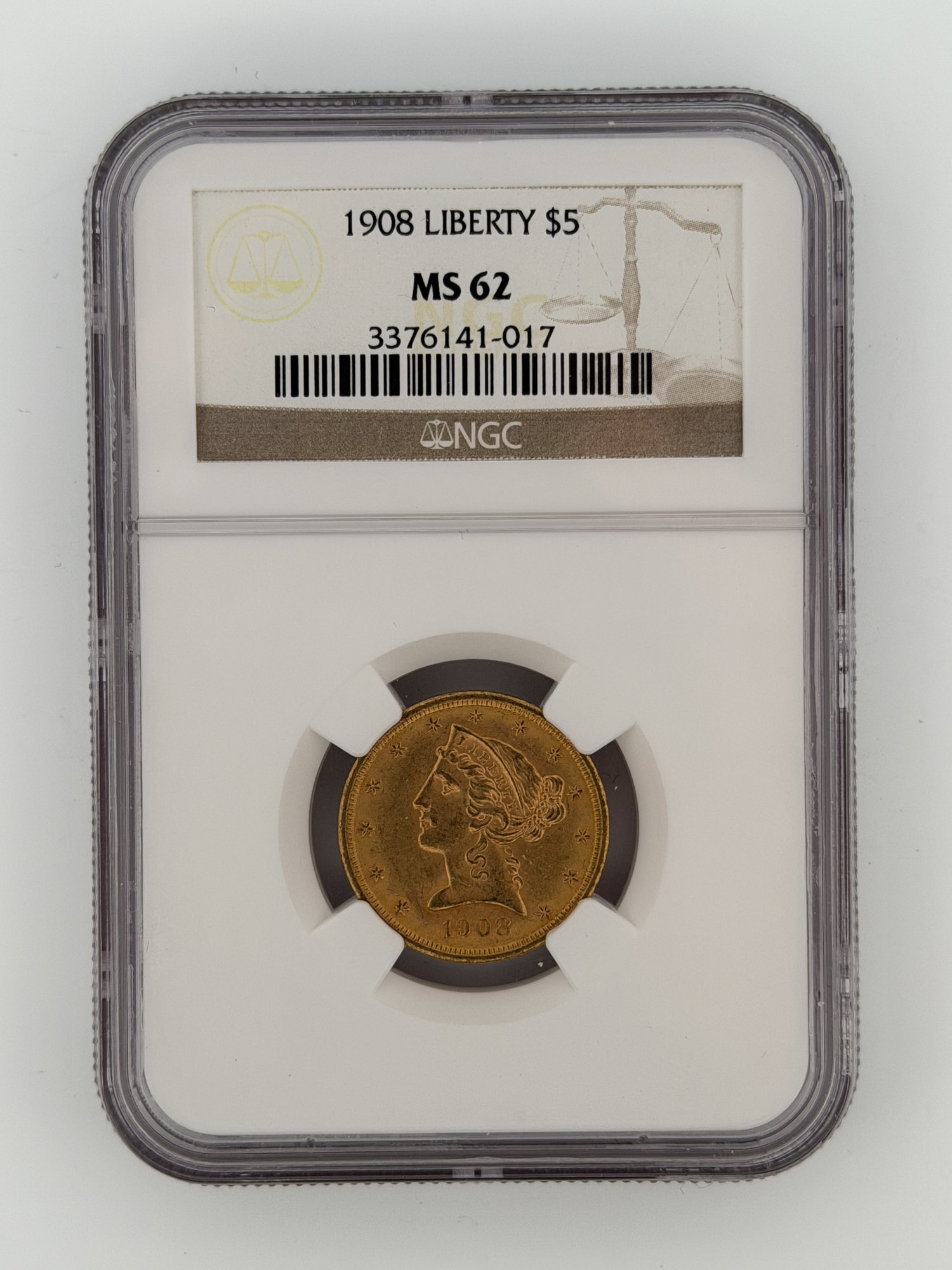 1908 Liberty Head Half Eagle $5 Gold NGC MS62 obverse showing Coronet Liberty portrait and 13 stars in NGC slab cert 3376141-017