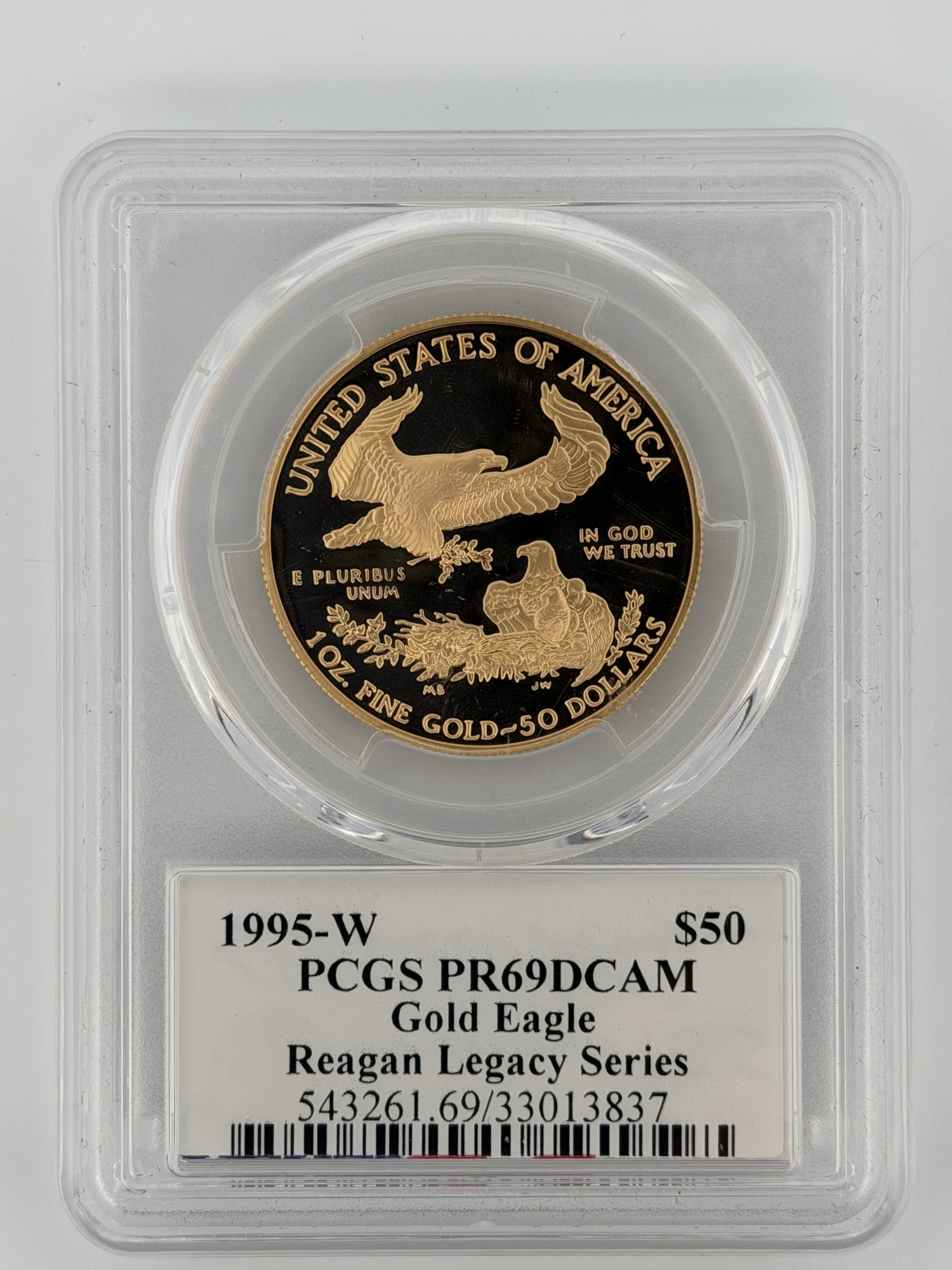 1995-W $50 American Gold Eagle PCGS PR69DCAM reverse showing eagle nest design and 1 OZ FINE GOLD inscription in PCGS slab with Reagan Legac