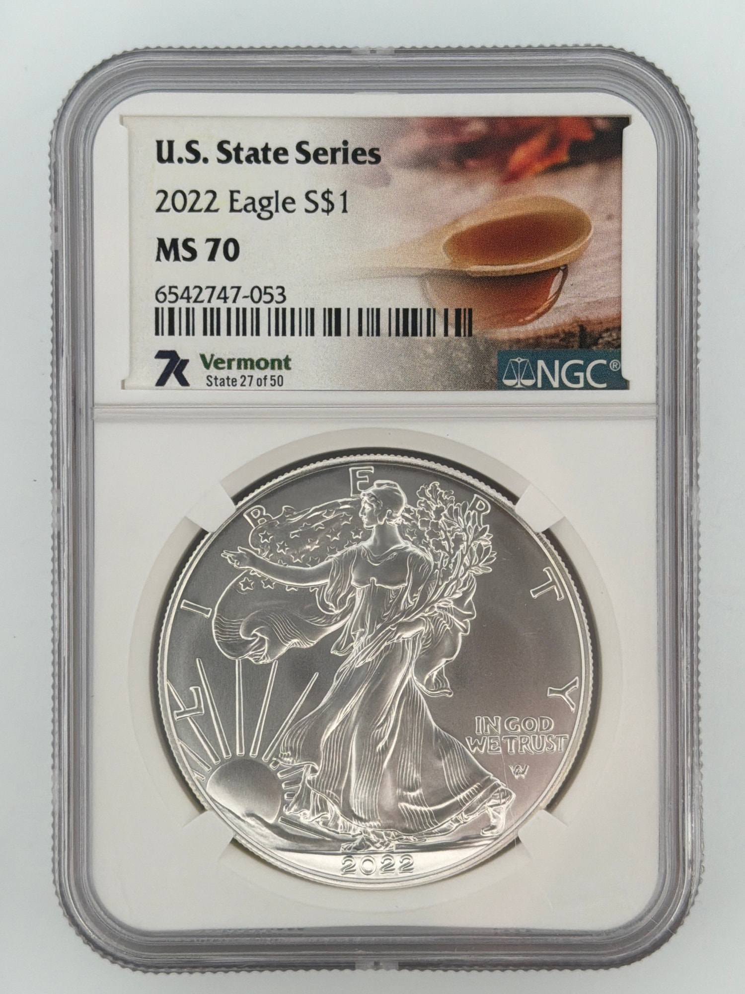 2022 American Silver Eagle NGC MS70 obverse in slab showing Vermont U.S. State Series label State 27 of 50 with Walking Liberty design