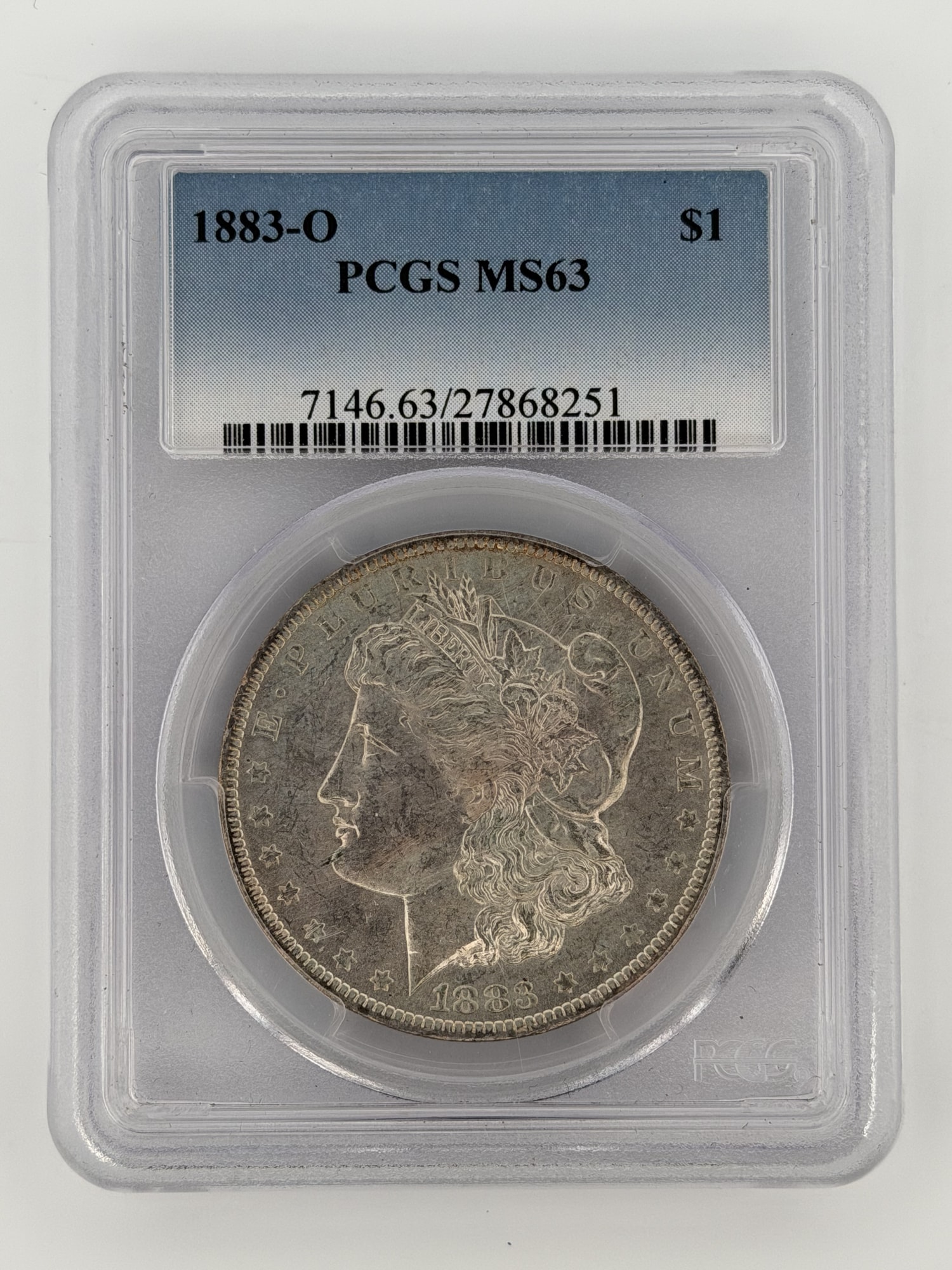 1883-O Morgan Silver Dollar PCGS MS63 obverse in slab showing Liberty portrait and E Pluribus Unum, cert 27868251