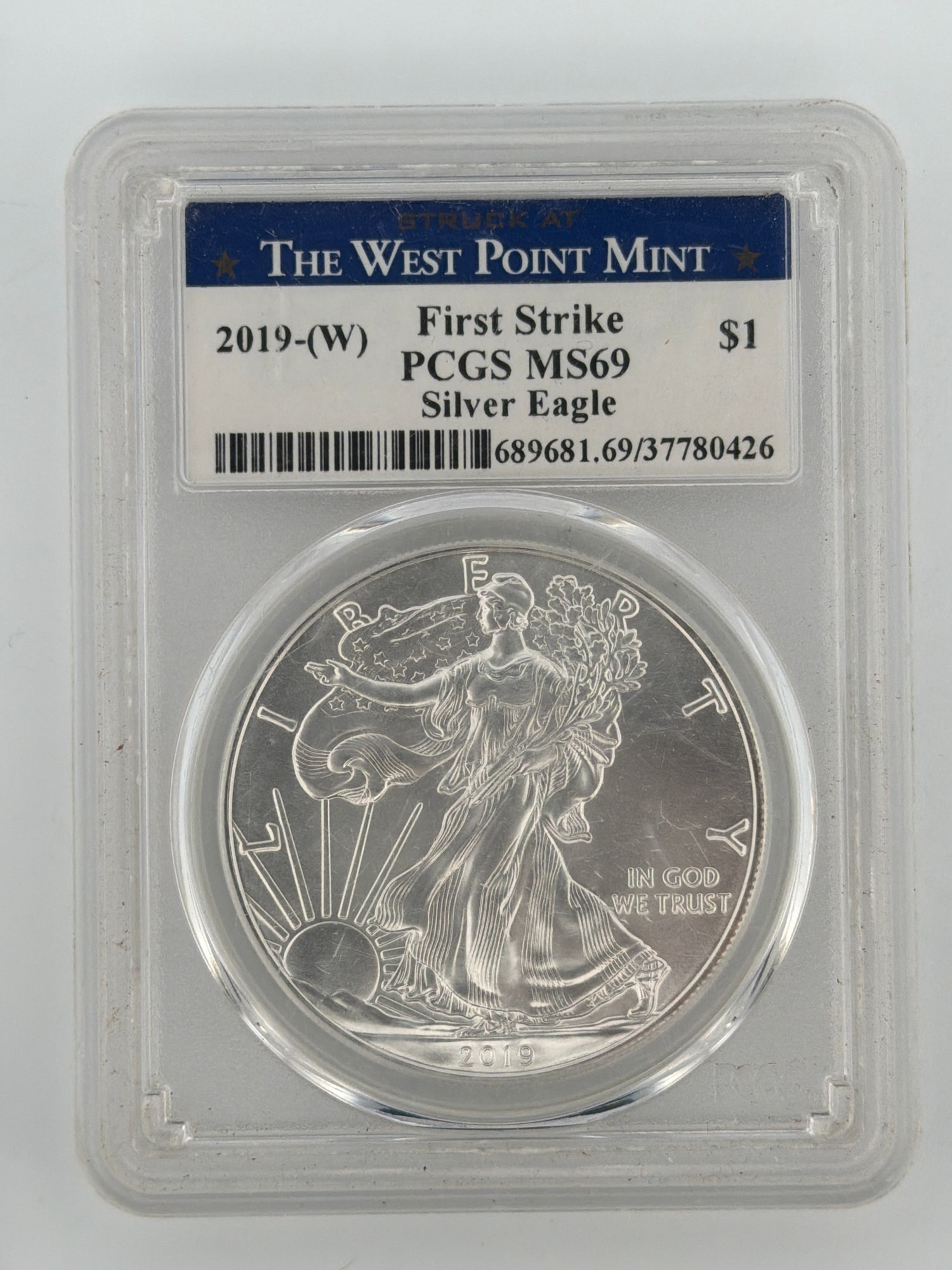 2019-W American Silver Eagle PCGS MS69 First Strike obverse showing Walking Liberty design in West Point Mint slab