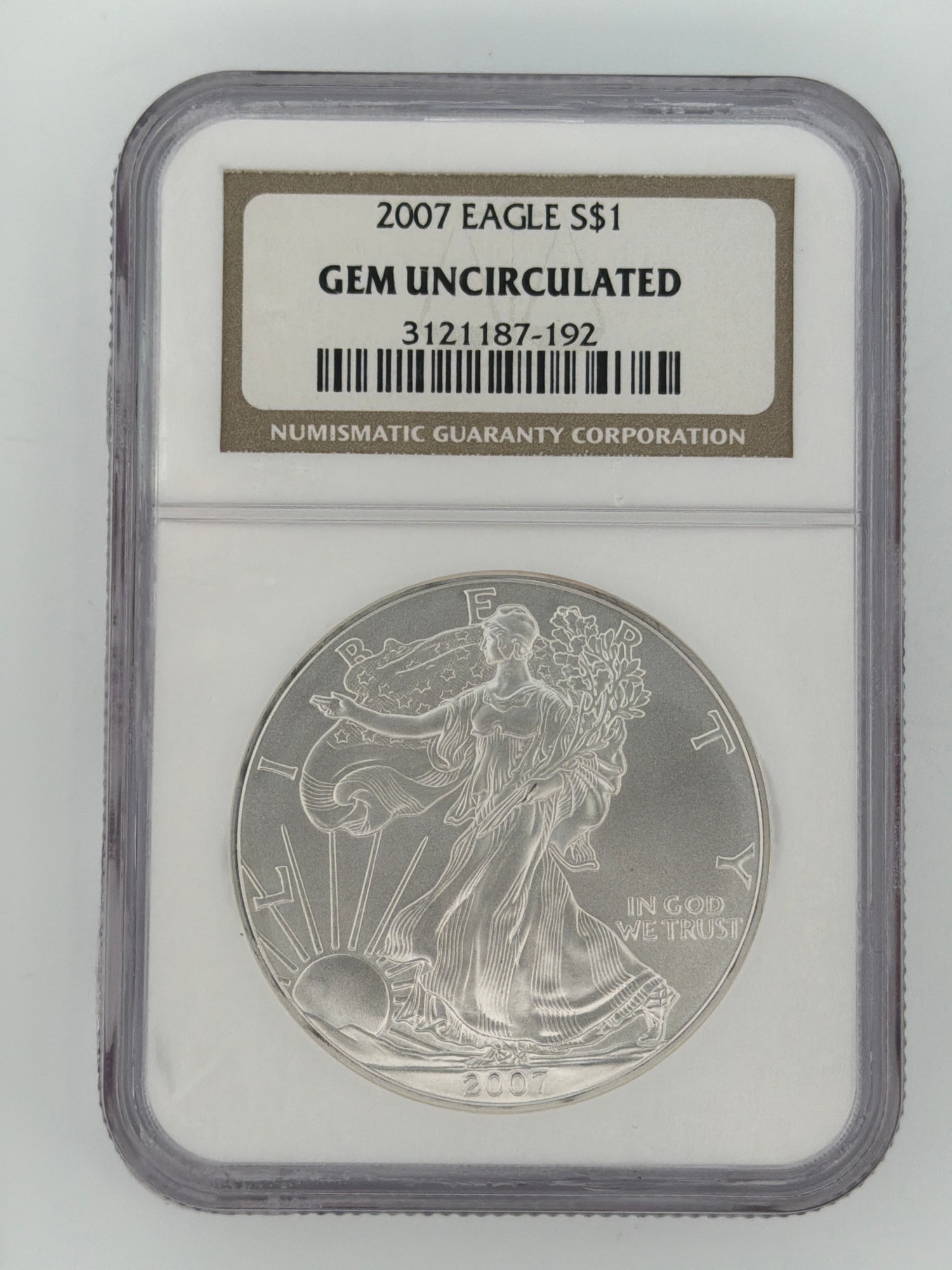 2007 American Silver Eagle $1 NGC Gem Uncirculated slab obverse showing Walking Liberty design and NGC label