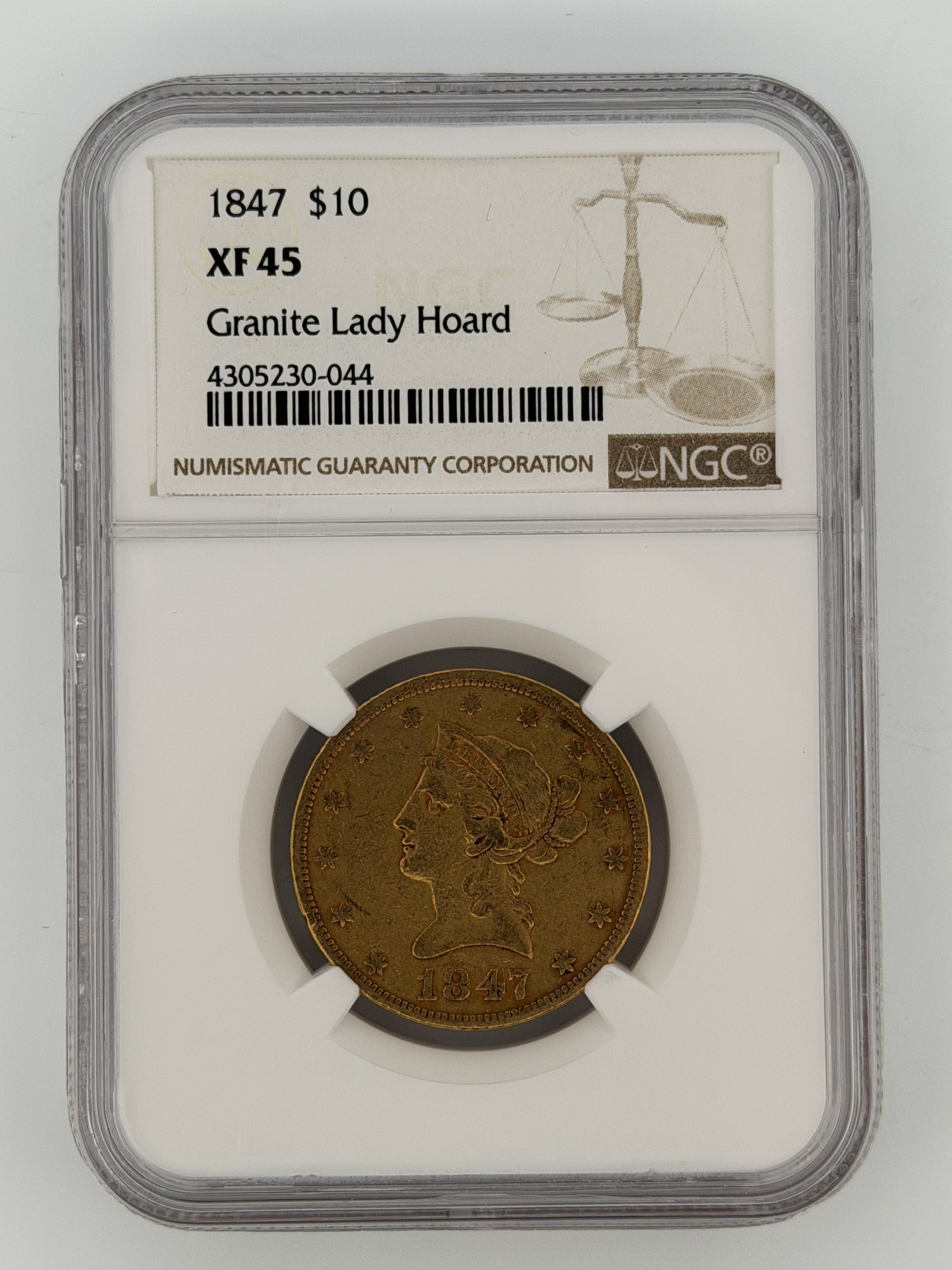 1847 Liberty Head Eagle $10 Gold NGC XF45 Granite Lady Hoard obverse in NGC slab showing Coronet Liberty portrait and 13 stars