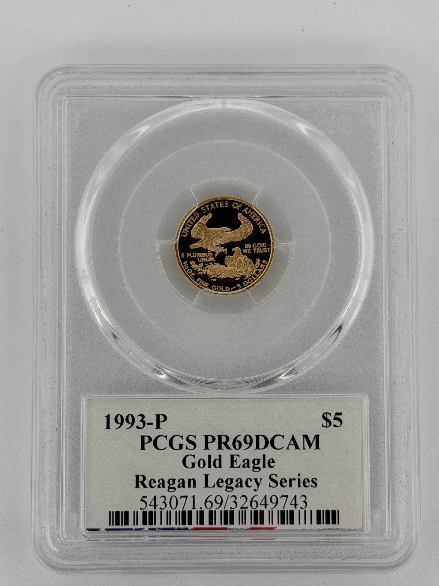 1993-P $5 American Gold Eagle PCGS PR69DCAM slab reverse showing eagle family design and Reagan Legacy Series label